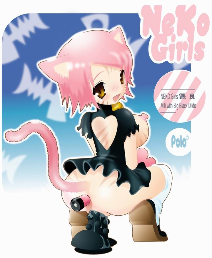 polo, 1girl, anal, anal object insertion, animal ears, anus, artist name, ass, bell, black dress, bottomless, breasts, breasts out, cat ears, cat tail, clothing cutout, dildo, dildo riding, double penetration, dress, female focus, female masturbation, heart, heart cutout, large breasts, large insertion, looking at viewer, looking back, masturbation, multiple penetration, nipples, no bra, no panties, object insertion, open mouth, outline, pink hair, puffy nipples, pussy juice, pussy juice trail, sex toy, shoes, short dress, short hair, sitting, smile, socks, solo, spiked dildo, squatting, tail, text focus, vaginal, vaginal object insertion, vibrator, white socks