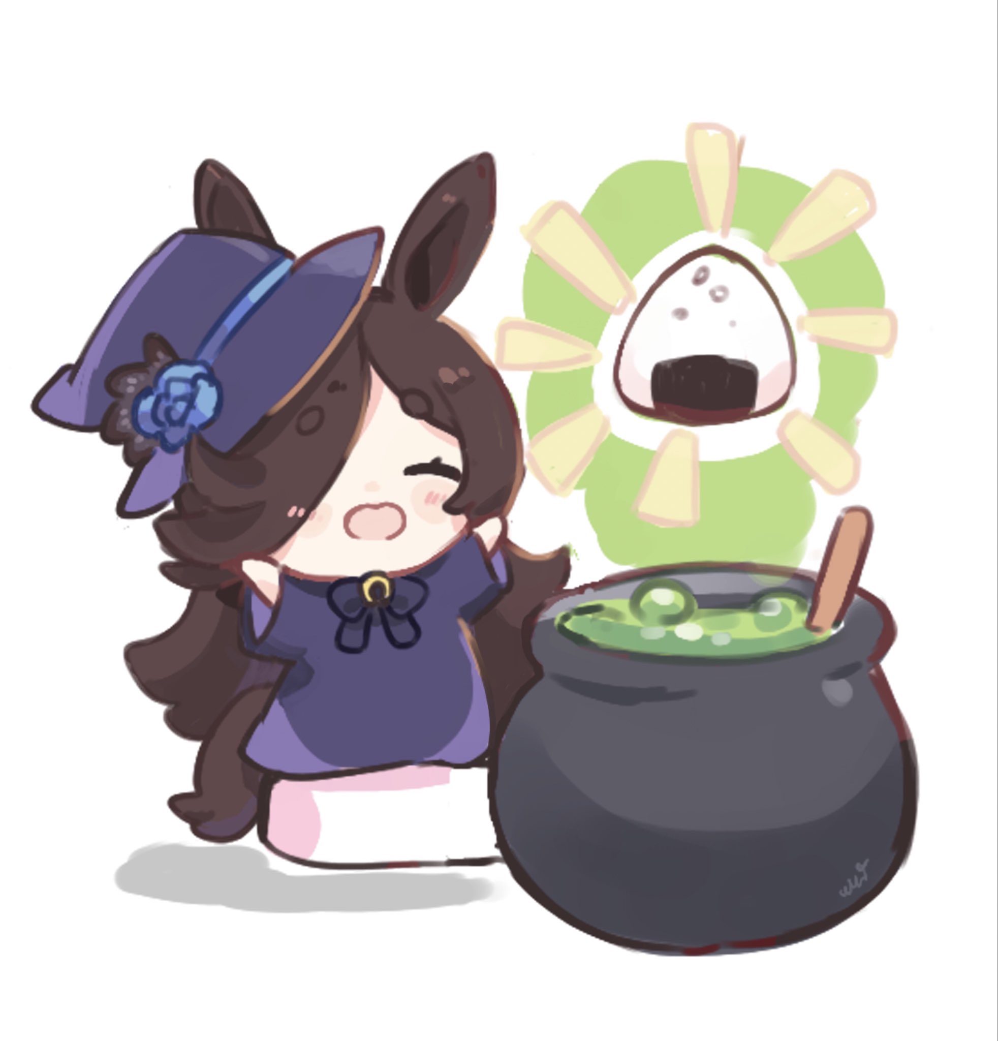 ukichan22905846, rice shower (umamusume), umamusume, highres, 1girl, animal ears, blue flower, blue hat, blue rose, blush, blush stickers, bow, brown hair, cauldron, chibi, closed eyes, flipped hair, flower, food, hair over one eye, hat, hat flower, horse ears, horse girl, horse tail, long hair, onigiri, open mouth, purple bow, purple eyes, purple robe, robe, rose, smile, solo, tail, tilted headwear, witch, witch hat