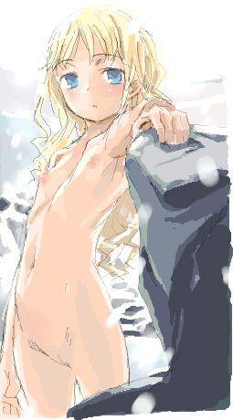 lowres, tagme, aged down, blonde hair, blue eyes, female focus, loli, pussy