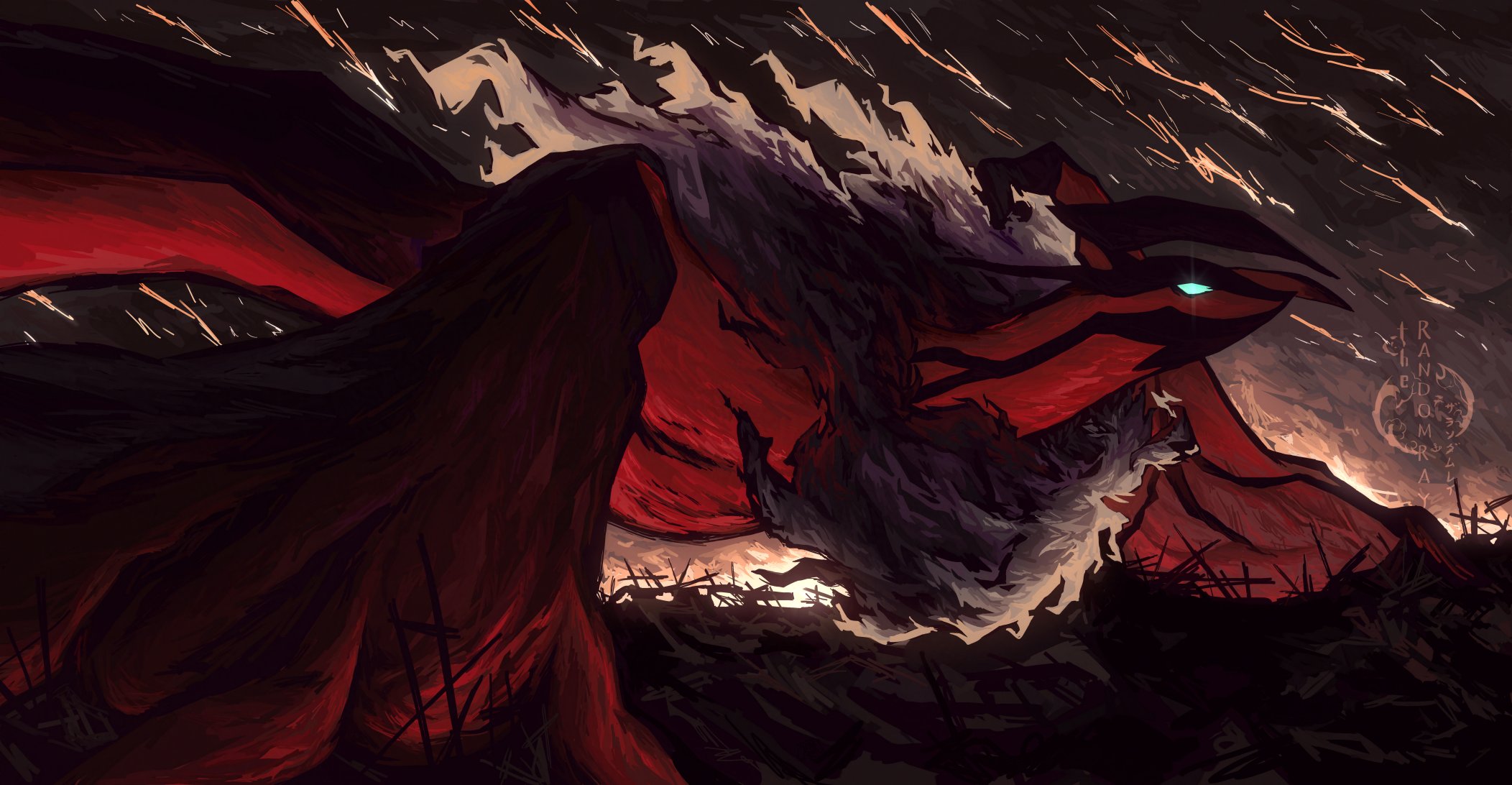 therandomray, yveltal, nintendo, pokemon, highres, animal focus, blue eyes, blue sclera, closed mouth, colored sclera, flying, gen 6 pokemon, legendary pokemon, no humans, outdoors, pokemon (creature), pokemon focus, sky, solo, wings