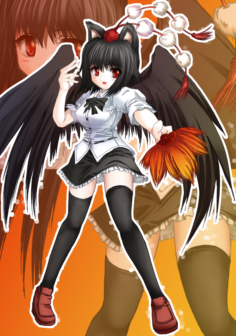 windfeathers, shameimaru aya, touhou, 1girl, animal ears, black hair, black thighhighs, black wings, cat ears, cat girl, female focus, hand fan, hat, looking at viewer, red eyes, short hair, solo, thighhighs, tokin hat, wings, zoom layer