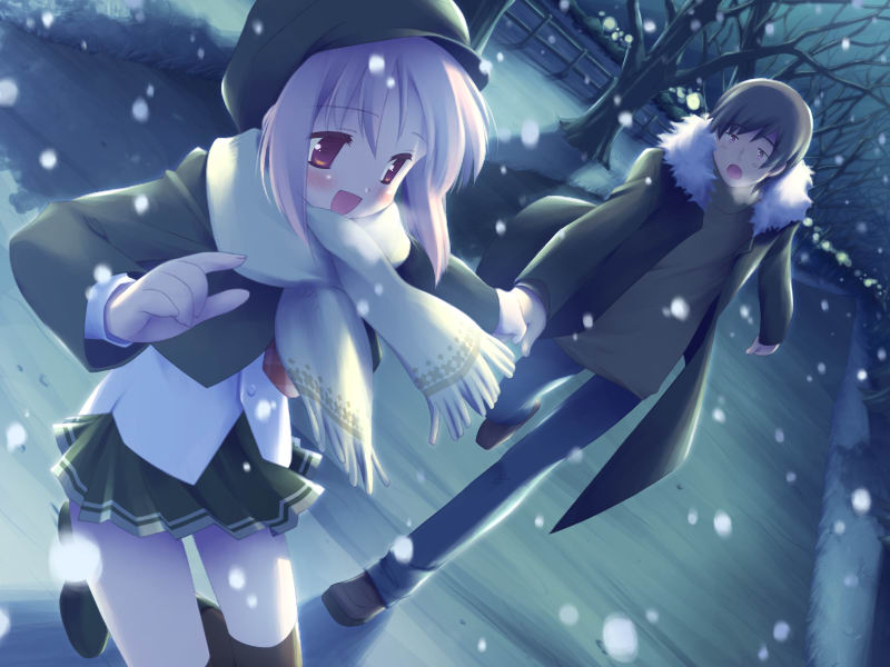 gayarou, akino momiji, kiriyama keigo, sakura musubi, game cg, 1boy, 1girl, beret, black hair, blush, breath, hat, hetero, holding hands, looking back, open mouth, pink hair, road, scarf, school uniform, skirt, smile, snow, snowflakes, thighhighs