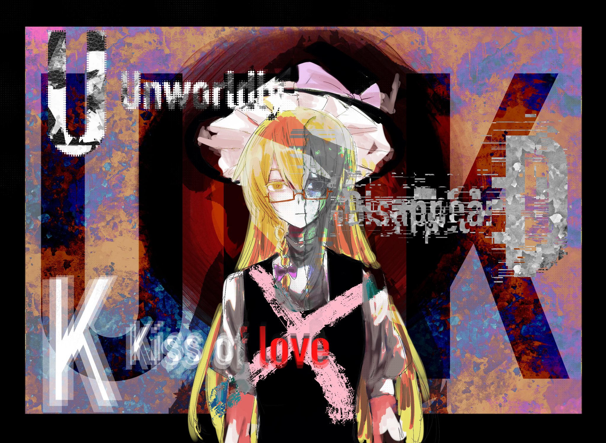 kirisame marisa, touhou, commentary request, highres, 1girl, abstract background, black border, black hat, black vest, blonde hair, border, bow, braid, character name, closed mouth, english text, expressionless, frilled hat, frills, glasses, hair bow, hat, hat bow, long hair, looking at viewer, orange background, outside border, pink bow, red-framed eyewear, shirt, side braid, single braid, sixsec6ndzlater, solo, turtleneck, turtleneck shirt, upper body, vest, witch hat, yellow eyes