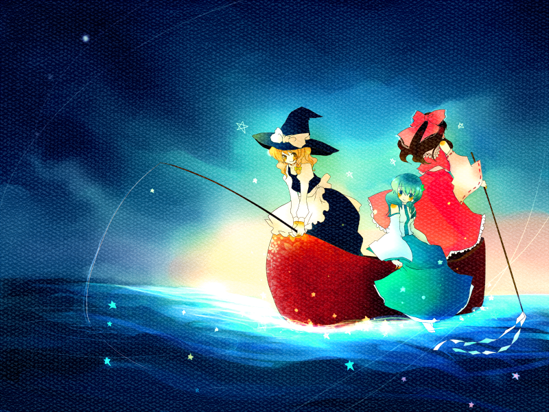 hanada hyou, hakurei reimu, kirisame marisa, kochiya sanae, touhou, 3girls, blonde hair, boat, brown hair, detached sleeves, female focus, green eyes, green hair, hat, japanese clothes, miko, multiple girls, watercraft, witch, witch hat, yellow eyes