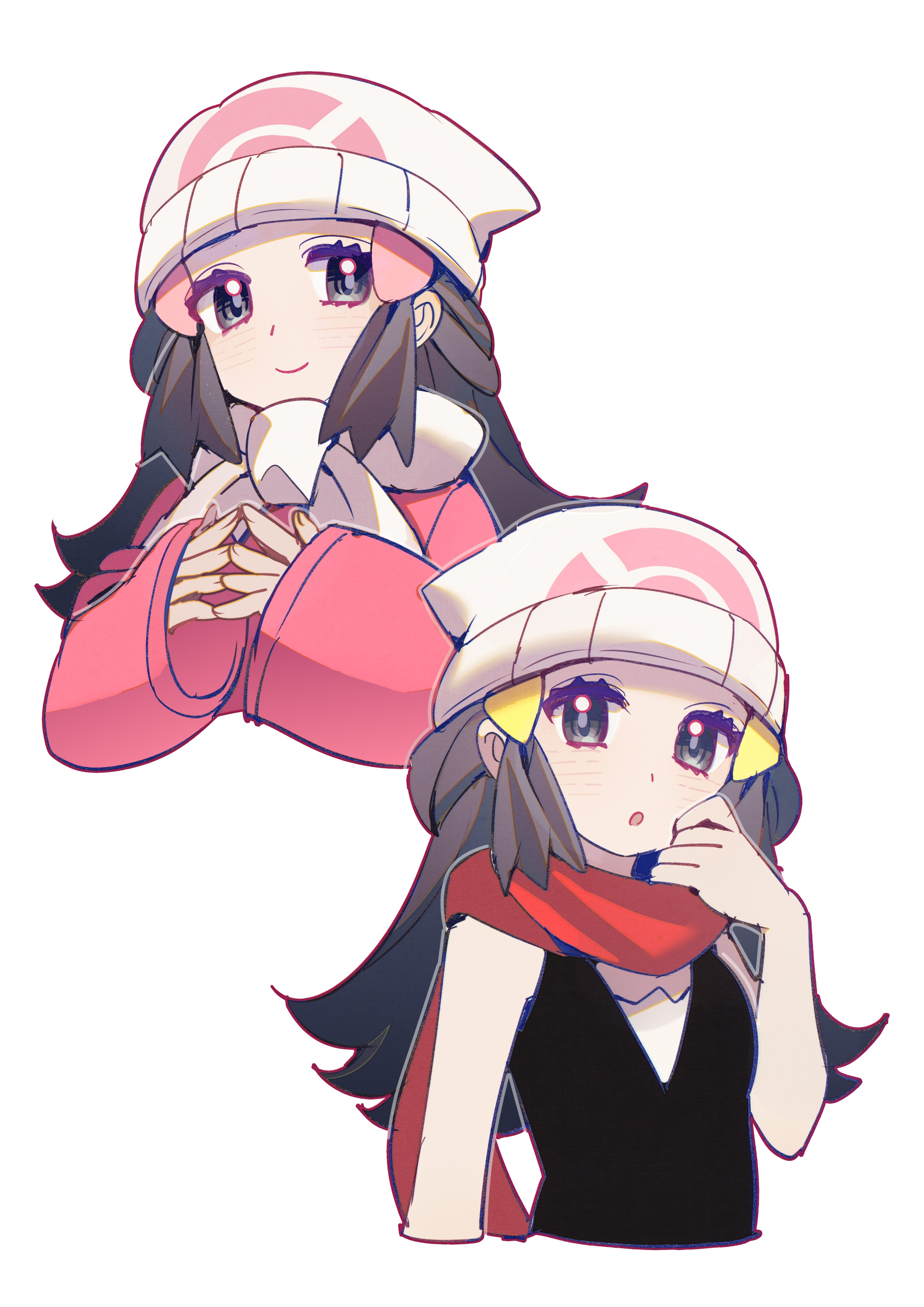 shocho (shaojiujiu), dawn (pokemon), nintendo, pokemon, pokemon dppt, pokemon platinum, absurdres, highres, 2girls, beanie, black hair, black shirt, blue hair, blush, closed mouth, coat, cropped torso, floating scarf, grey eyes, hair ornament, hairclip, hat, long hair, long sleeves, looking at viewer, multiple girls, open mouth, pink coat, poke ball print, red coat, red scarf, scarf, shirt, simple background, sleeveless, smile, white hat, white scarf, white shirt