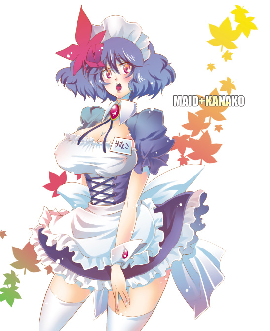 kogawa, yasaka kanako, touhou, bad id, bad pixiv id, 1girl, alternate costume, apron, blue hair, breasts, cleavage, enmaided, female focus, hair ornament, hairband, large breasts, leaf, leaf hair ornament, maid, maid apron, red eyes, short hair, solo, thighhighs