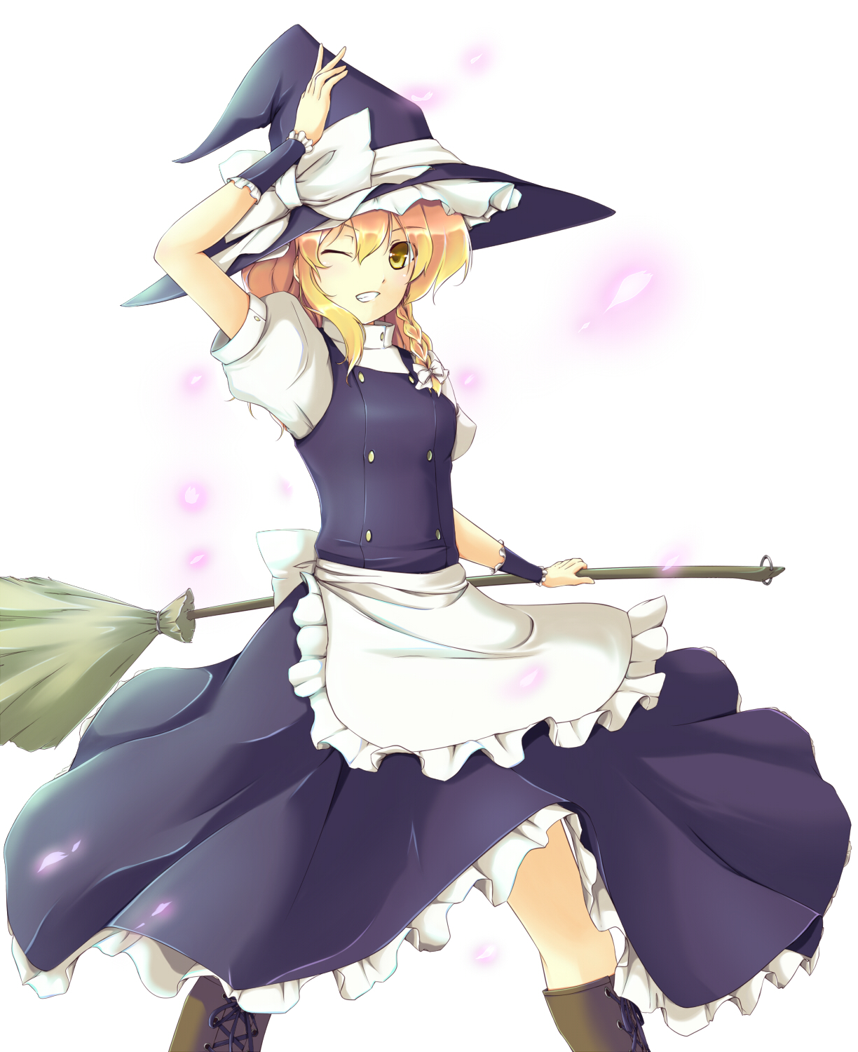 aito (indigorabbit), kirisame marisa, touhou, highres, 1girl, blonde hair, boots, braid, broom, female focus, hat, knee boots, solo, wink, witch, witch hat, yellow eyes
