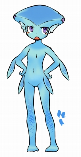 princess ruto, nintendo, the legend of zelda, the legend of zelda: ocarina of time, artist request, 1girl, female focus, fins, fish girl, flat chest, groin, hand on own hip, monster girl, no nipples, no pussy, petite, purple eyes, skinny, solo, white background, zora