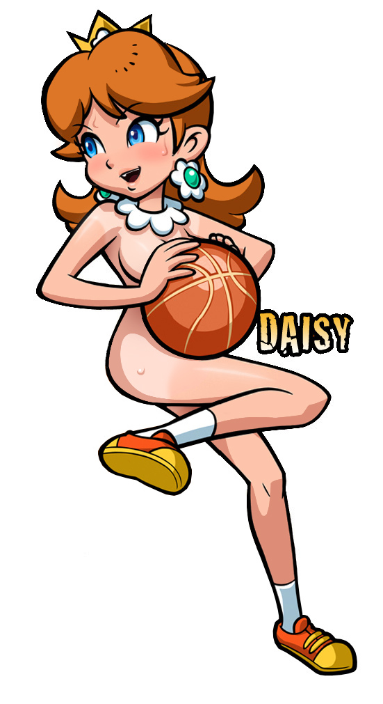 princess daisy, mario (series), nintendo, super mario bros. 1, super mario land, nude filter, third-party edit, 1girl, ass, basketball, blue eyes, breasts, brown hair, crown, female focus, full body, nude, shoes, socks, solo, sweat, tan, tanline