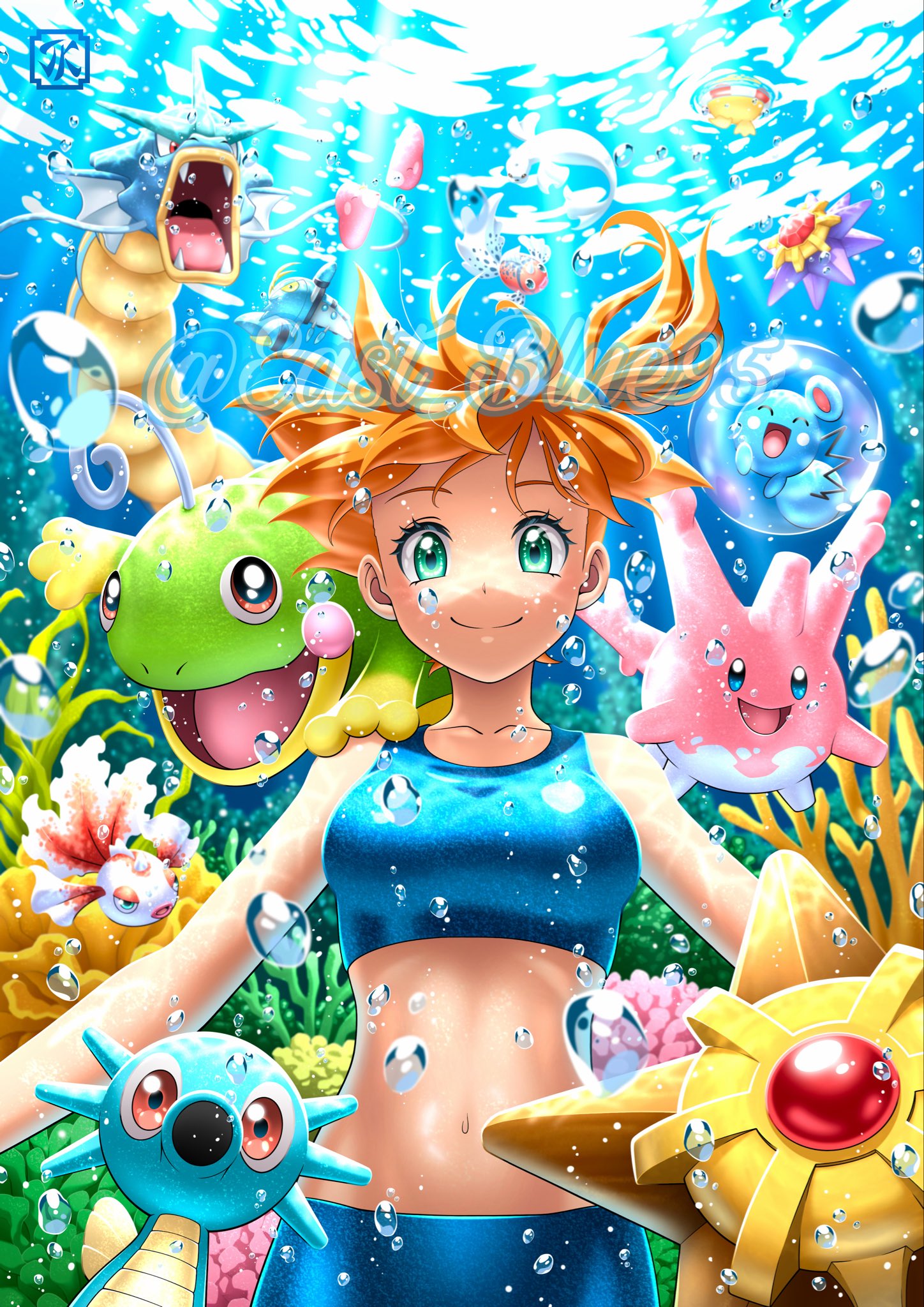 azurill, clauncher, corsola, dewgong, goldeen, gyarados, horsea, luvdisc, misty (pokemon), politoed, psyduck, seaking, starmie, staryu, nintendo, pokemon, pokemon (anime), pokemon (classic anime), pokemon rgby, 1girl, air bubble, antennae, bare arms, bare shoulders, bike shorts, bikini, bikini shorts, blue bikini, blue eyes, breasts, bubble, closed mouth, collarbone, coral, east blue95, eyelashes, floating hair, freediving, gen 1 pokemon, gen 2 pokemon, gen 3 pokemon, gen 6 pokemon, green eyes, holding breath, light rays, looking at viewer, medium breasts, midriff, navel, on shoulder, open mouth, orange hair, pokemon (creature), pokemon on shoulder, seaweed, short hair, shorts, side ponytail, smile, sports bikini, swimming, swimsuit, underwater, water