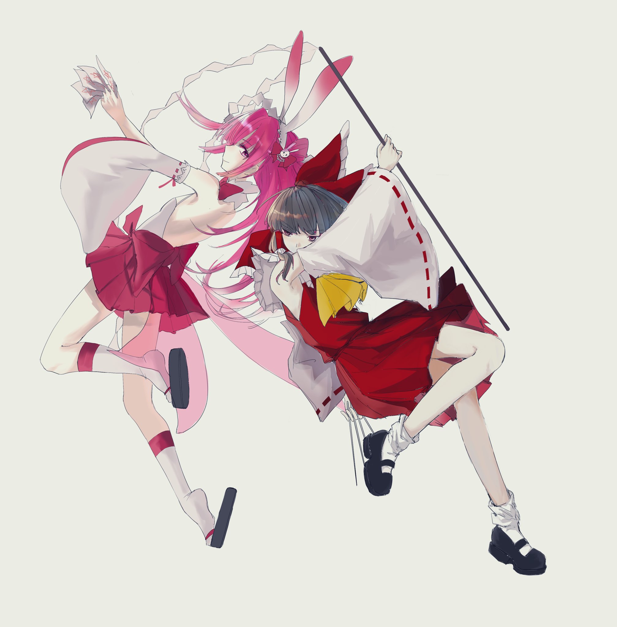 hakurei reimu, umegiri ameto, beatmania iidx, bemani, touhou, commentary request, highres, 2girls, animal ears, ascot, back, black hair, black sandals, black shoes, bow, closed mouth, crossover, detached sleeves, fake animal ears, frilled bow, frilled hair tubes, frills, full body, gohei, hair bow, hair tubes, holding, holding gohei, long hair, mary janes, multiple girls, ofuda, pink hair, pleated skirt, purple eyes, rabbit ears, red bow, red shirt, red skirt, ribbon-trimmed sleeves, ribbon trim, sandals, shirt, shoes, simple background, sixsec6ndzlater, skirt, skirt set, sleeveless, sleeveless shirt, smile, socks, trait connection, white background, white sleeves, white socks, yellow ascot