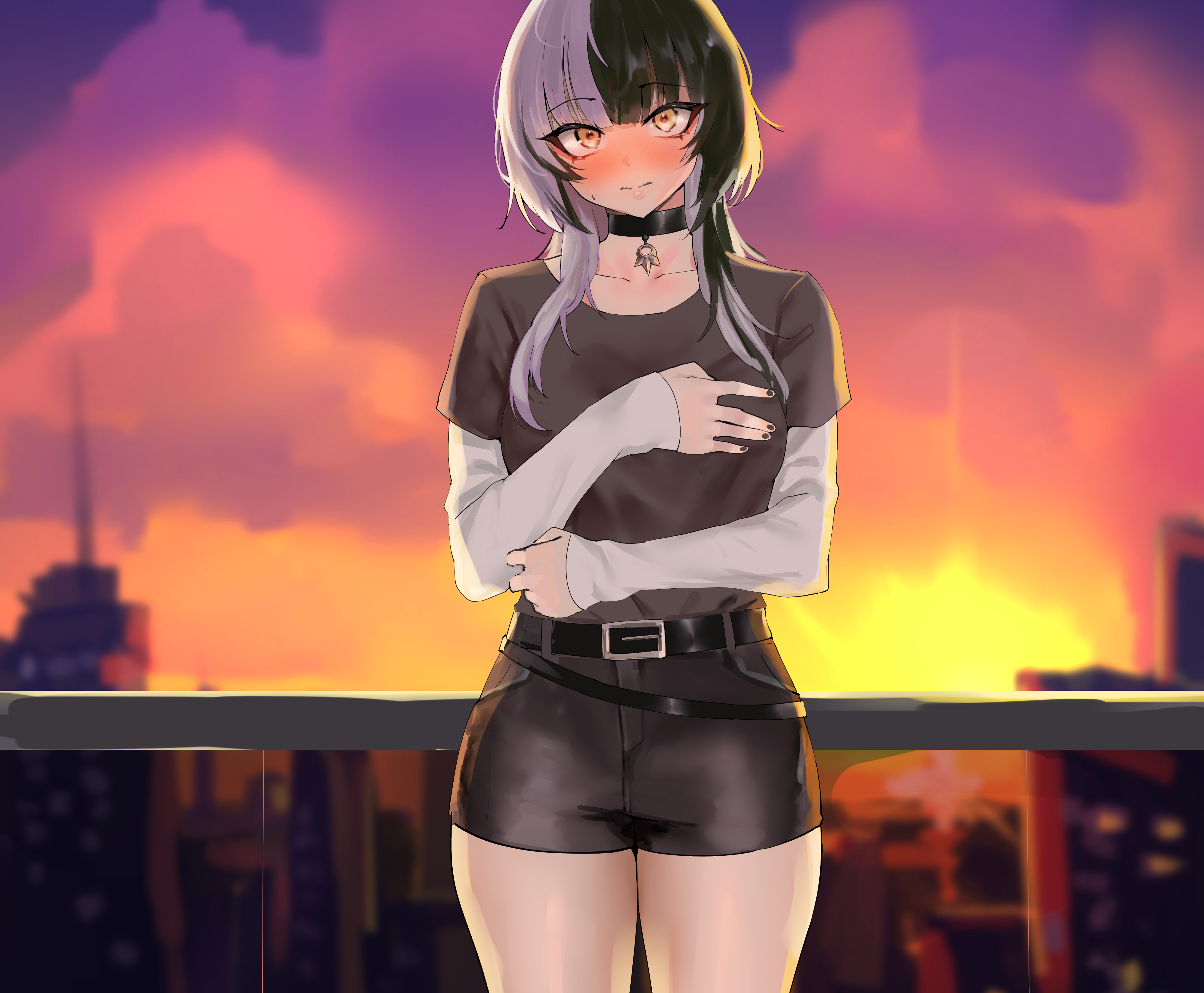 yotamono, shiori novella, hololive, hololive english, absurdres, highres, 1girl, belt, black belt, black choker, black hair, black nails, black shirt, black shorts, blush, choker, city, closed mouth, evening, grey hair, layered sleeves, long hair, long sleeves, looking at viewer, multicolored hair, nose blush, outdoors, shirt, short over long sleeves, short shorts, short sleeves, shorts, solo, split-color hair, sunset, two-tone hair, virtual youtuber, white sleeves, yellow eyes