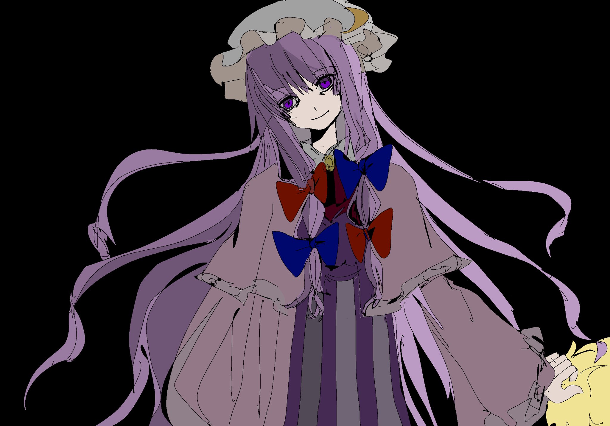 kirisame marisa, mars (cookie), patchouli knowledge, taisa (cookie), cookie (touhou), touhou, commentary, english commentary, highres, bags under eyes, black background, blue bow, blunt bangs, bow, closed mouth, cowboy shot, crescent, crescent hat ornament, dress, hair bow, hat, hat ornament, head tilt, holding another's hair, long hair, looking at viewer, mob cap, multiple hair bows, purple dress, purple eyes, purple hair, red bow, simple background, sixsec6ndzlater, smile, striped clothes, striped dress, vertical-striped clothes, vertical-striped dress, very long hair, white hat