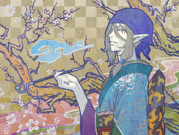 payuko, kusuriuri (mononoke), mononoke, 00s, 1boy, bandana, blonde hair, blue eyes, cherry blossoms, facepaint, japanese clothes, jewelry, kimono, kiseru, looking at viewer, makeup, male focus, medallion, obi, petals, pointy ears, sash, smoke, smoking, smoking pipe, solo, tree