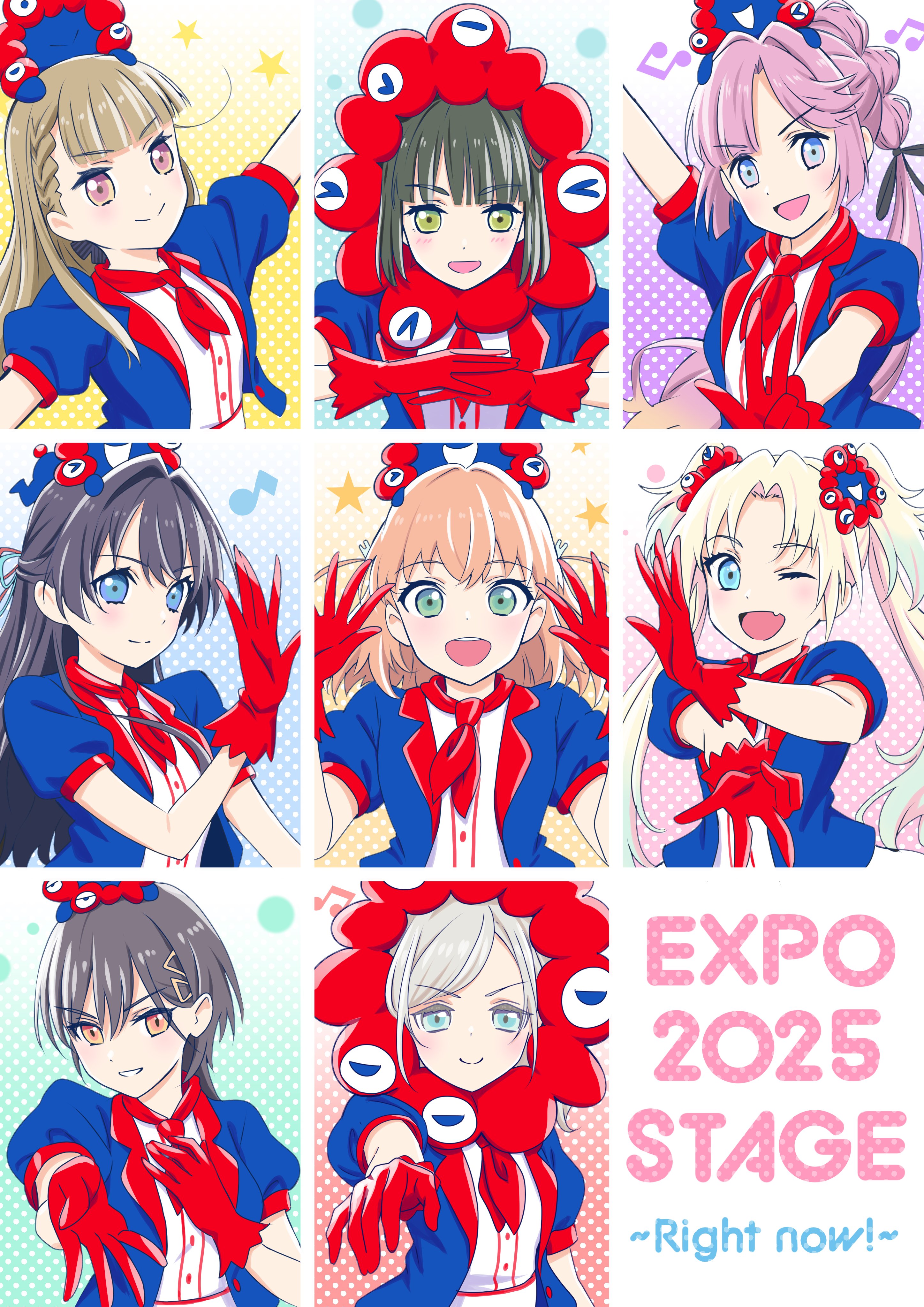 hagisiri kuma, anyoji hime, ceras yanagida lilienfeld, hinoshita kaho, kachimachi kosuzu, katsuragi izumi, momose ginko, murano sayaka, myaku-myaku, osawa rurino, expo2025, absurdres, commentary request, highres, >:), 6+girls, :d, ;d, black hair, black ribbon, blonde hair, blue eyes, blue hair, blue jacket, braid, brown hair, center-flap bangs, curtained hair, fang, gloves, gradient hair, green eyes, green hair, grey hair, hair intakes, hair ornament, hair ribbon, half updo, jacket, jellyfish cut, long hair, looking at viewer, medium hair, multi-tied hair, multicolored hair, multiple girls, official alternate costume, one eye closed, open clothes, open hands, open jacket, open mouth, orange hair, pink eyes, pink hair, ponytail, puffy short sleeves, puffy sleeves, rabbit hair ornament, red gloves, ribbon, short-sleeved jacket, short sleeves, side braids, skin fang, smile, triangle hair ornament, two side up, v-shaped eyebrows