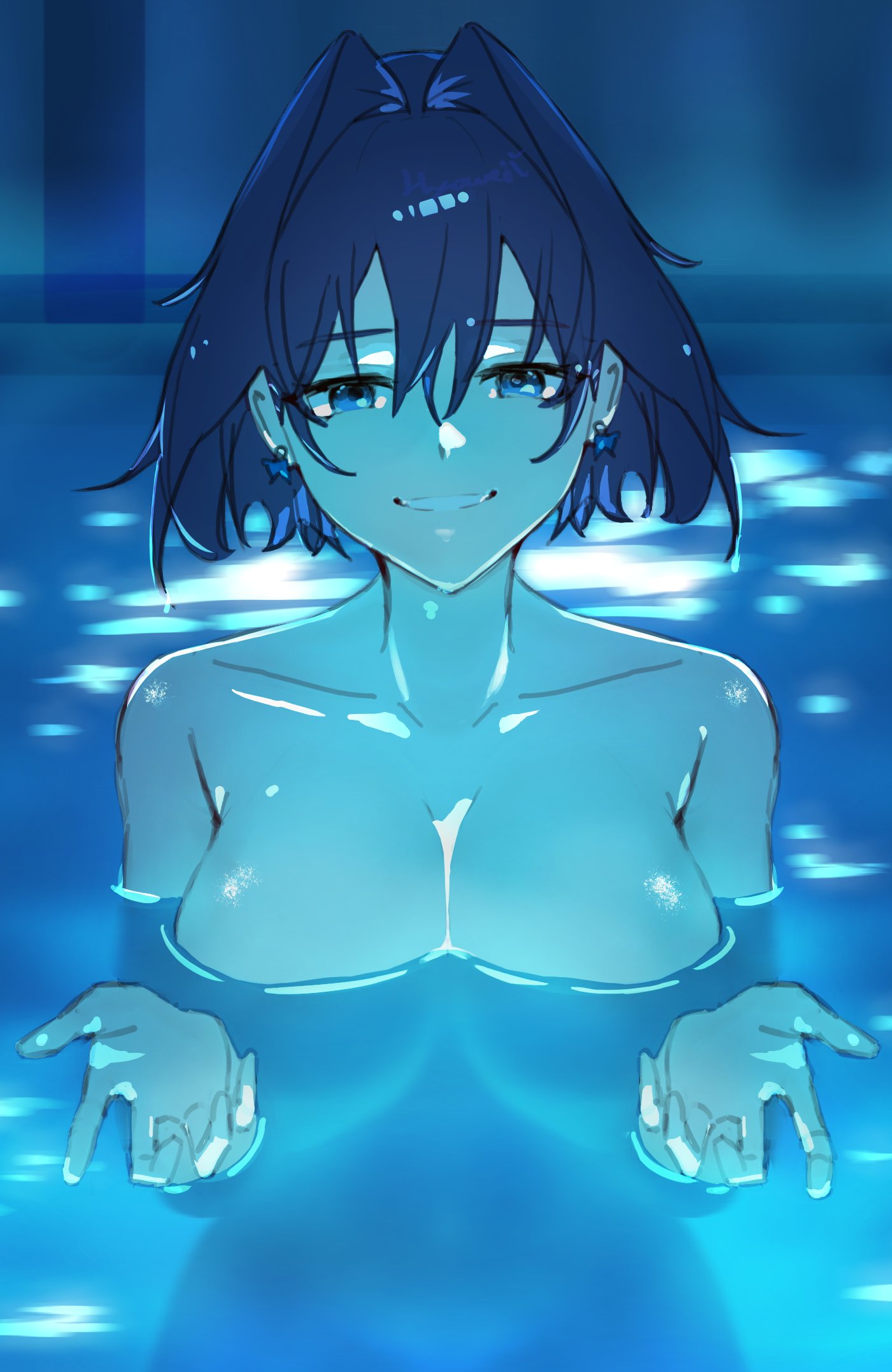 weiiyxn, ouro kronii, chainsaw man, hololive, hololive english, hashtag-only commentary, highres, 1girl, blue eyes, blue hair, blue theme, bow, bow earrings, breasts, earrings, grin, hair intakes, huge breasts, i'll teach you everything (chainsaw man), jewelry, looking at viewer, medium hair, partially submerged, scene reference, smile, solo, teeth, virtual youtuber