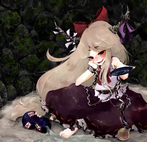 yonago, ibuki suika, touhou, bad id, bad pixiv id, 1girl, alcohol, barefoot, blonde hair, blush, drunk, female focus, gourd, horns, long hair, ribbon, sake, sitting, solo