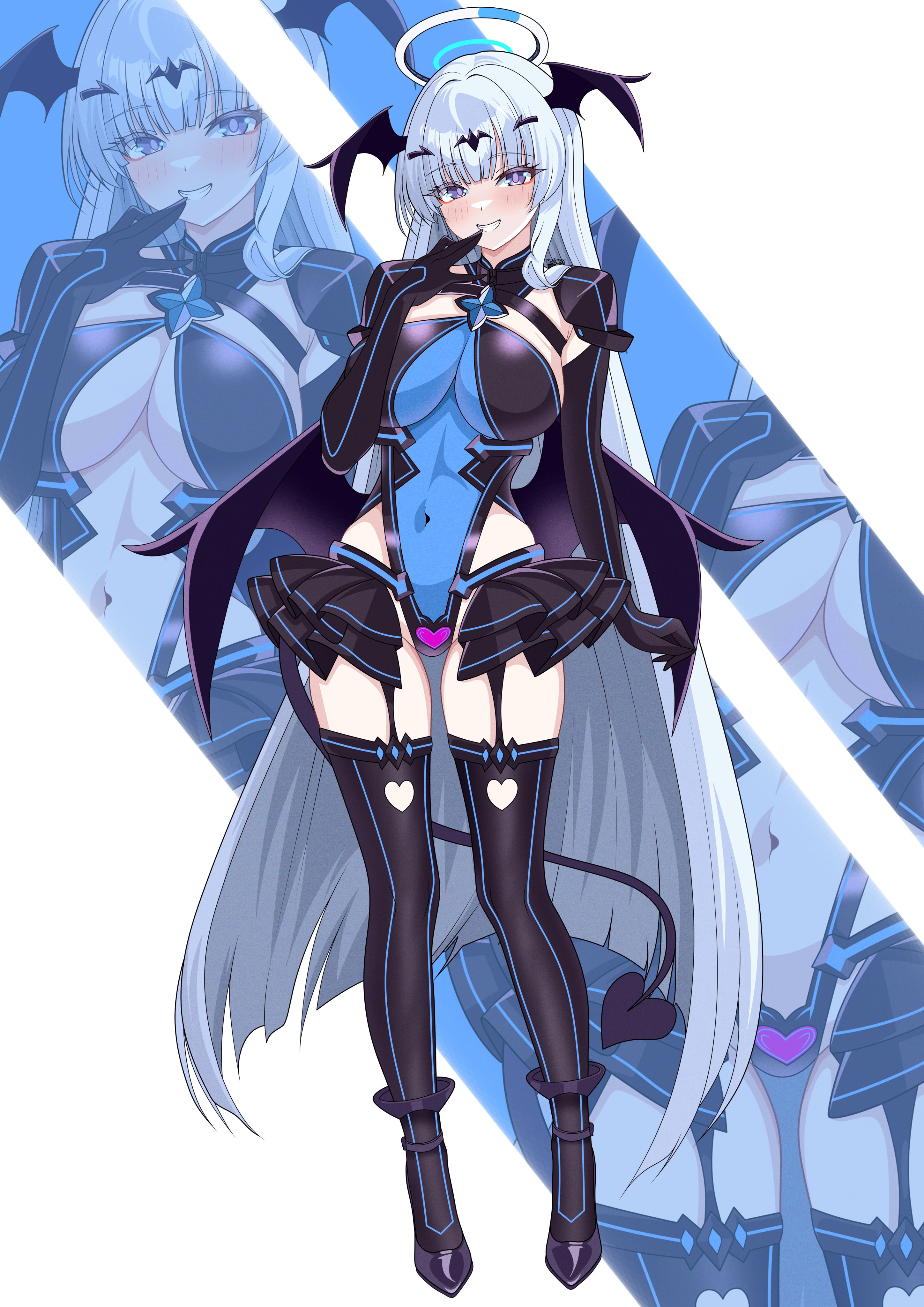 hazaky, noa (blue archive), blue archive, absurdres, highres, 1girl, black gloves, black shoes, black thighhighs, blue leotard, blunt bangs, blush, breasts, covered navel, demon tail, demon wings, detached collar, elbow gloves, full body, gloves, grin, groin, halo, head wings, large breasts, leotard, long hair, looking at viewer, mechanical halo, purple eyes, shoes, smile, solo, tail, thighhighs, thighs, very long hair, white halo, wings