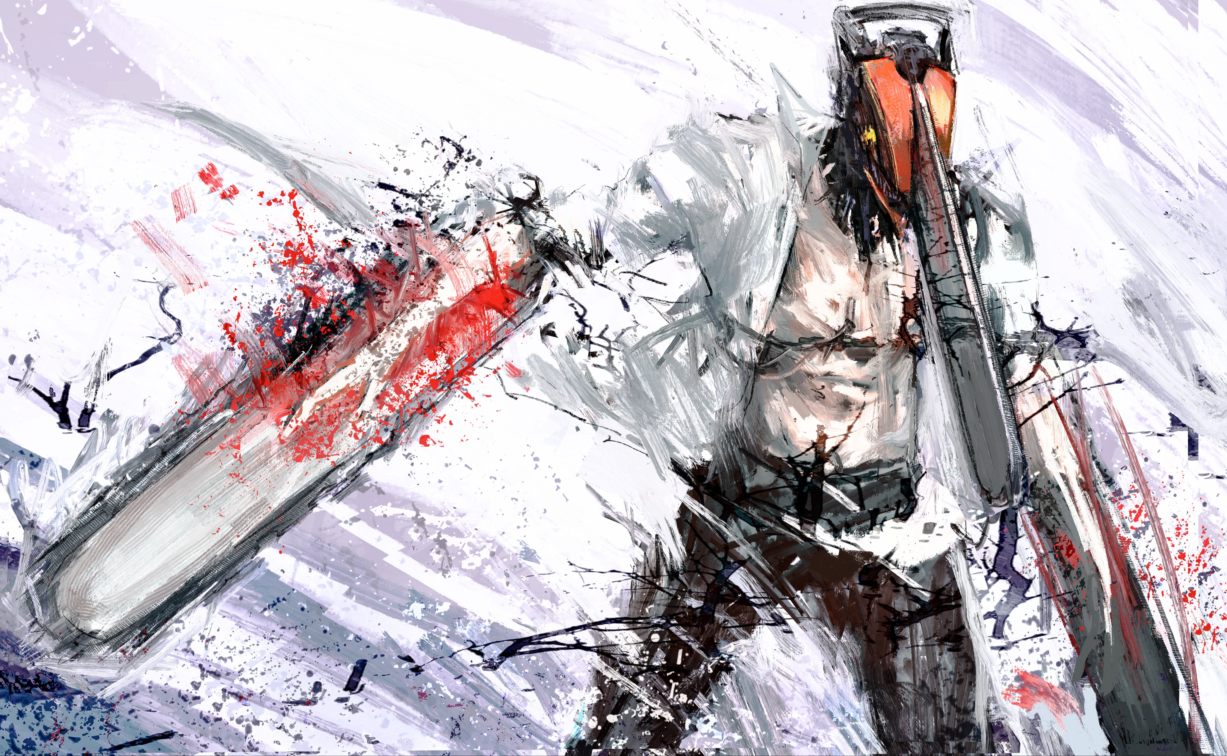 kyezzzz, denji (chainsaw man), chainsaw man, absurdres, highres, 1boy, alternate form, black pants, blood, chainsaw, male focus, open clothes, open shirt, pants, pull cord, shirt, solo, white shirt