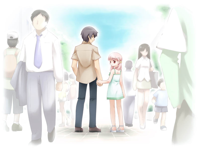 kiriyama sakura, sakura musubi, game cg, 4girls, 5boys, child, crowd, dress, hair ornament, hairpin, holding hands, looking back, multiple boys, multiple girls, red eyes, sandals, twintails