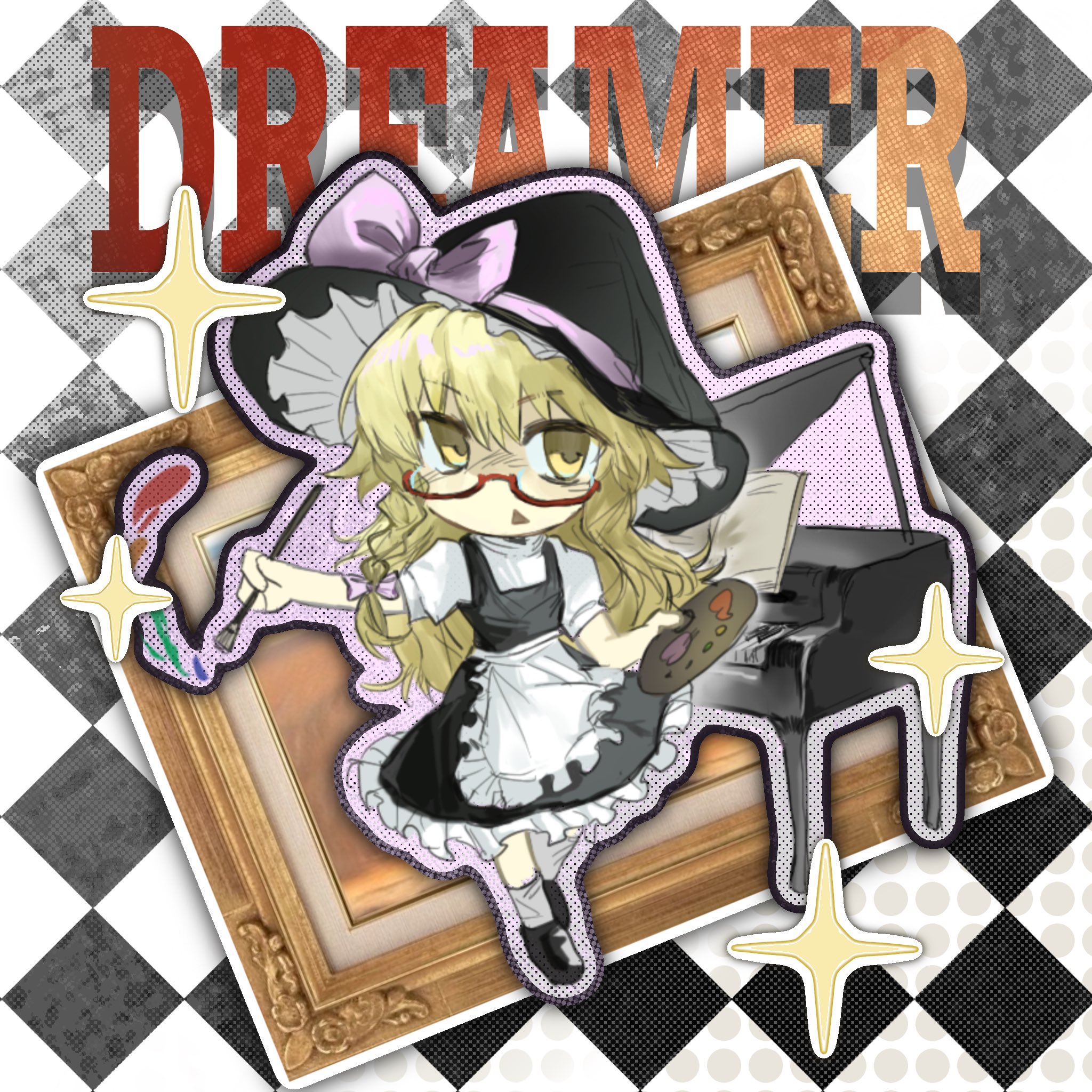 kirisame marisa, uzuki (cookie), cookie (touhou), touhou, commentary, english commentary, highres, 1girl, apron, black hat, black shoes, black skirt, black vest, blonde hair, bow, braid, checkered background, frilled apron, frilled hat, frilled skirt, frills, full body, glasses, grand piano, hair bow, hat, hat bow, holding, holding paint palette, holding paintbrush, instrument, long hair, looking at viewer, open mouth, paint palette, paintbrush, piano, pink bow, puffy short sleeves, puffy sleeves, red-framed eyewear, shirt, shoes, short sleeves, side braid, single braid, sixsec6ndzlater, skirt, skirt set, socks, solo, sparkle, triangle mouth, vest, waist apron, white apron, white shirt, white socks, witch hat, yellow eyes