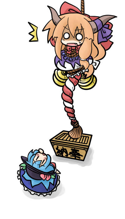 yanagi (nurikoboshi), hinanawi tenshi, ibuki suika, touhou, 2girls, blue hair, blush, box, chibi, donation box, fang, female focus, food, fruit, hair ribbon, hat, horns, multiple girls, o o, orange hair, peach, ribbon, shrine bell, | |
