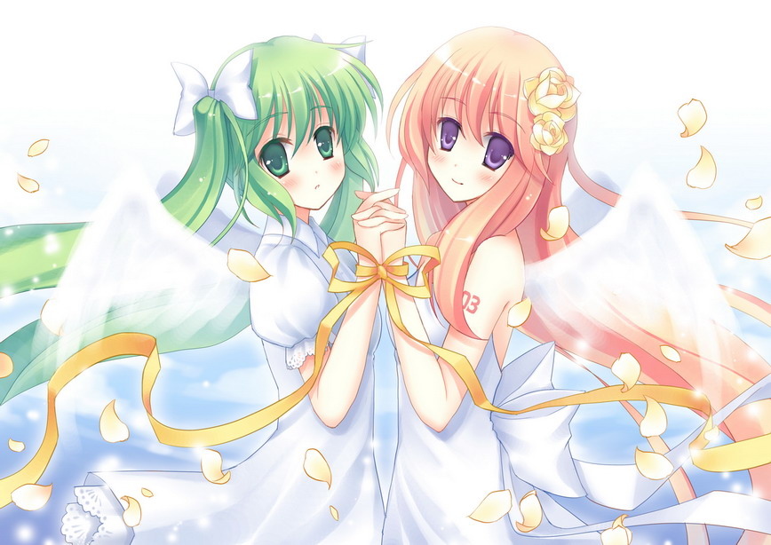 rie (reverie), hatsune miku, megurine luka, vocaloid, bad id, bad pixiv id, 2girls, angel wings, bdsm, blush, bondage, bound, bound together, bound wrists, bow, flower, flying, green eyes, green hair, hair bow, hair flower, hair ornament, holding hands, long hair, motion blur, multiple girls, petals, pink hair, purple eyes, ribbon, tattoo, twintails, very long hair, wind, wings, yuri