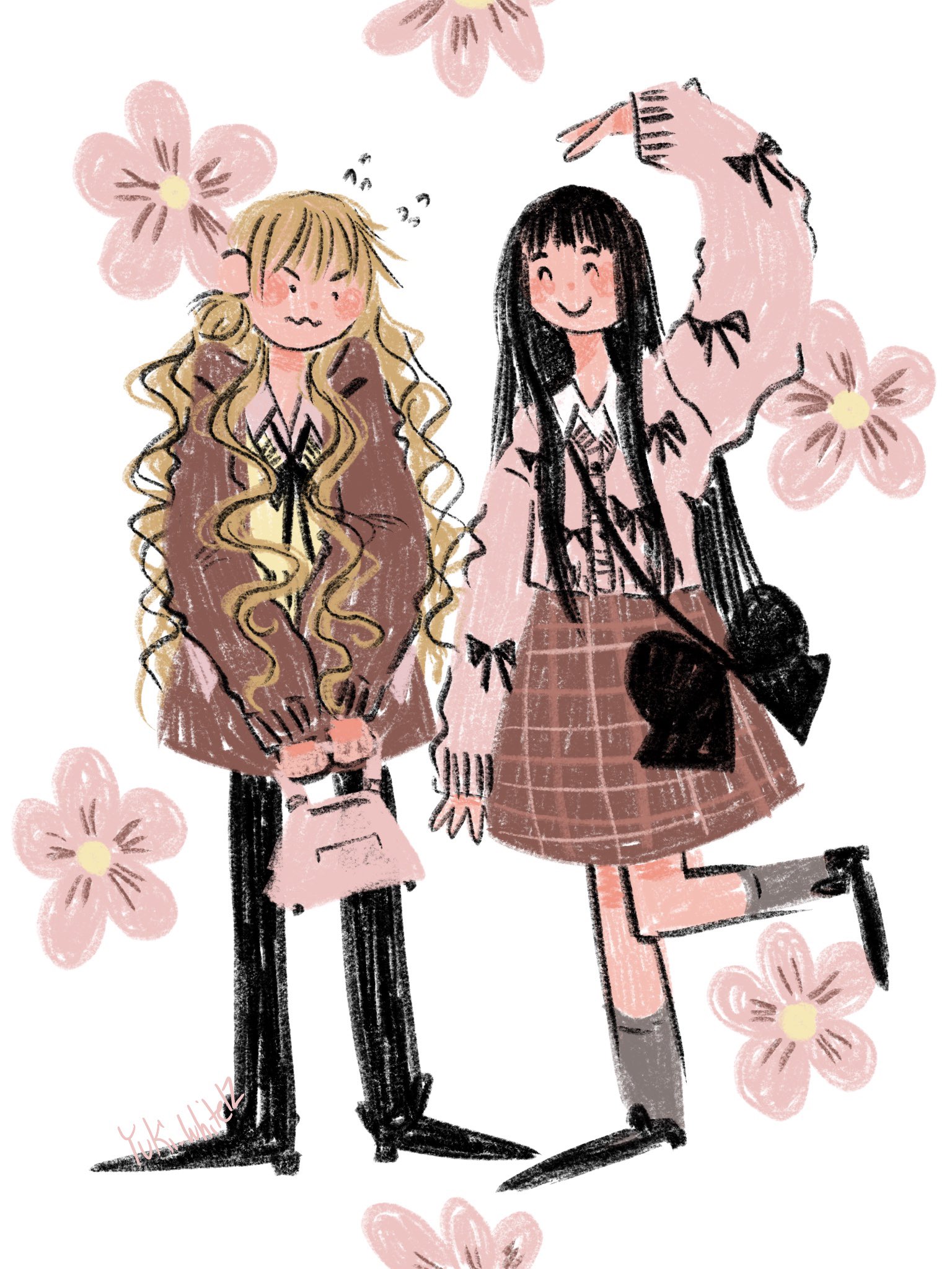 kuronuma sawako, kurumizawa ume, kimi ni todoke, commentary, english commentary, highres, 2girls, ^ ^, arm up, bag, black hair, blonde hair, blunt bangs, blush stickers, cardigan, closed eyes, flower, flying sweatdrops, full body, holding, holding bag, long hair, multiple girls, pink cardigan, signature, skirt, smile, standing, standing on one leg, yuki white12