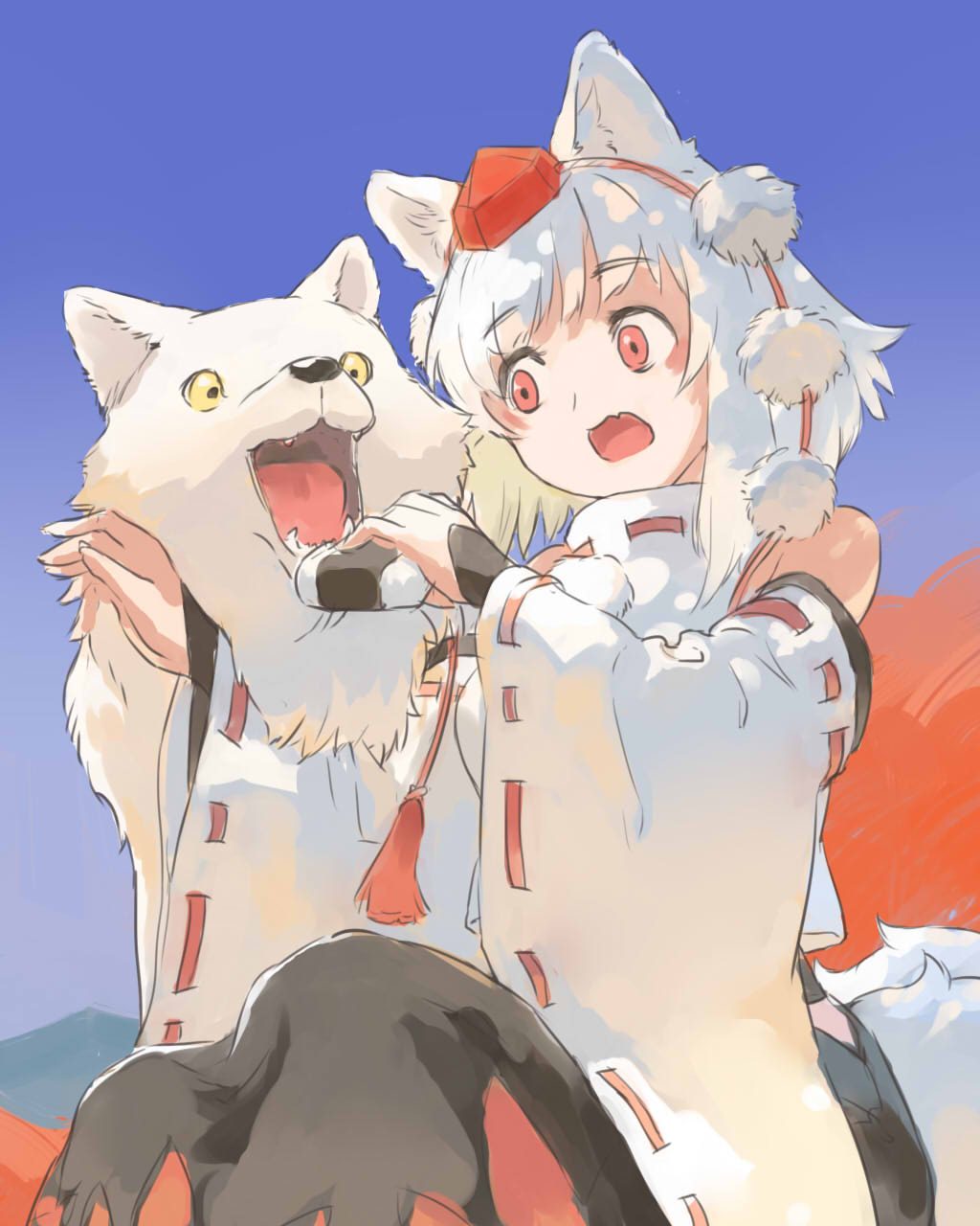 zzzzzzzzzzzzzzp, inubashiri momiji, touhou, commentary request, highres, 1girl, animal, animal ear fluff, animal ears, autumn, autumn leaves, blue sky, day, detached sleeves, fang, fangs, fingerless gloves, food, gloves, hat, holding, holding food, leaf, looking at another, looking at food, mountainous horizon, open mouth, outdoors, pom pom (clothes), red eyes, sitting, skin fang, sky, tail, tokin hat, turtleneck, wolf, wolf ears, wolf girl, wolf tail, yellow eyes