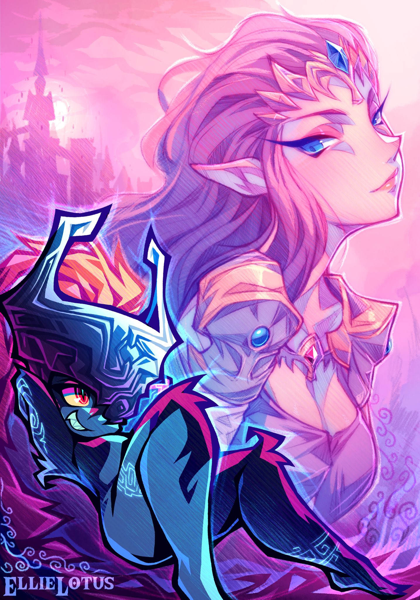 ellie lotus, midna, princess zelda, nintendo, the legend of zelda, the legend of zelda: twilight princess, highres, 2girls, armor, blue eyes, breasts, brown hair, castle, circlet, cleavage, colored sclera, colored skin, fang, half-closed eyes, helmet, long hair, multicolored skin, multiple girls, one eye covered, orange hair, pointy ears, red eyes, shortstack, shoulder armor, sidelocks, smile, solo, two-tone skin, yellow sclera