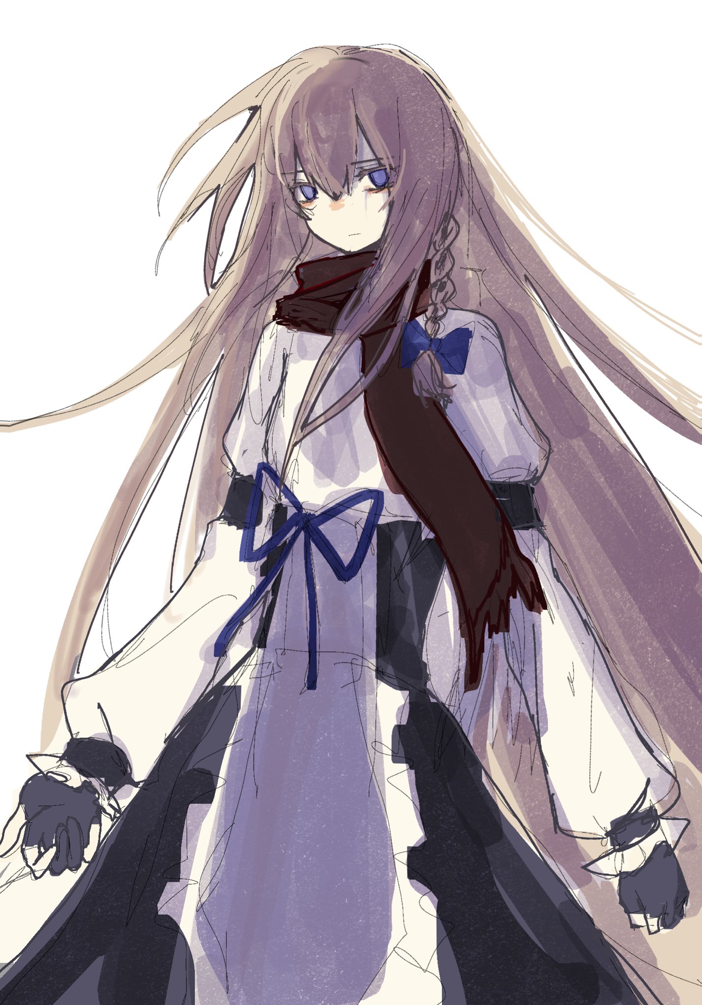 kirisame marisa, mars (cookie), cookie (touhou), touhou, commentary, highres, 1girl, bags under eyes, black gloves, black skirt, blonde hair, blue bow, blue ribbon, bow, braid, brown scarf, closed mouth, cowboy shot, expressionless, gloves, hair between eyes, hair bow, high-waist skirt, juliet sleeves, long hair, long sleeves, looking at viewer, partially fingerless gloves, puffy sleeves, ribbon, scarf, shirt, side braid, simple background, single braid, sixsec6ndzlater, skirt, solo, very long hair, white background, white shirt
