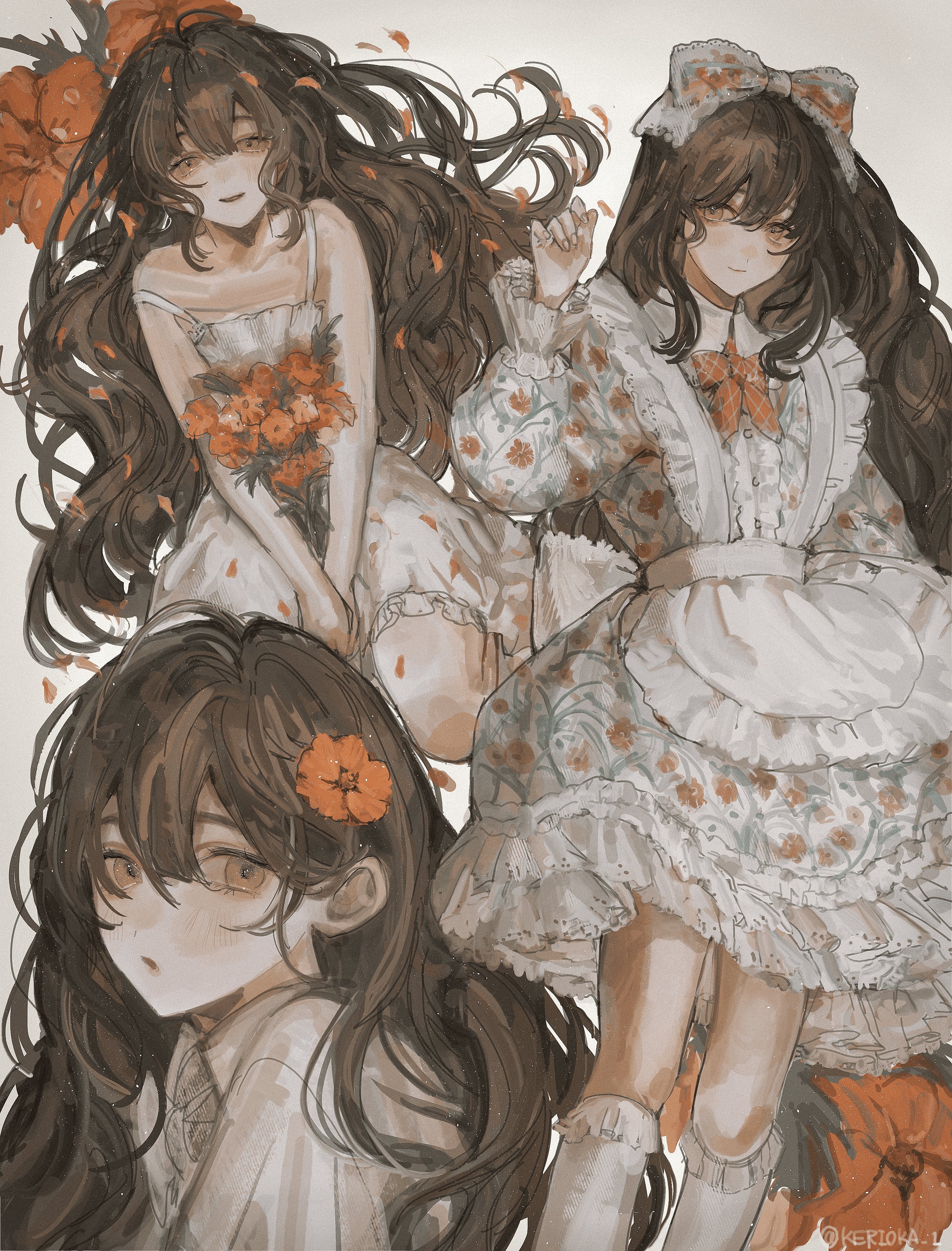 original, absurdres, commentary, highres, symbol-only commentary, 1girl, bow, brown hair, dress, floral print, floral print dress, flower, hair bow, hair flower, hair ornament, hand up, kerioka 1, kneehighs, long hair, long sleeves, looking at viewer, multiple views, orange flower, print dress, sleeveless, sleeveless dress, socks, spaghetti strap, white dress, white socks