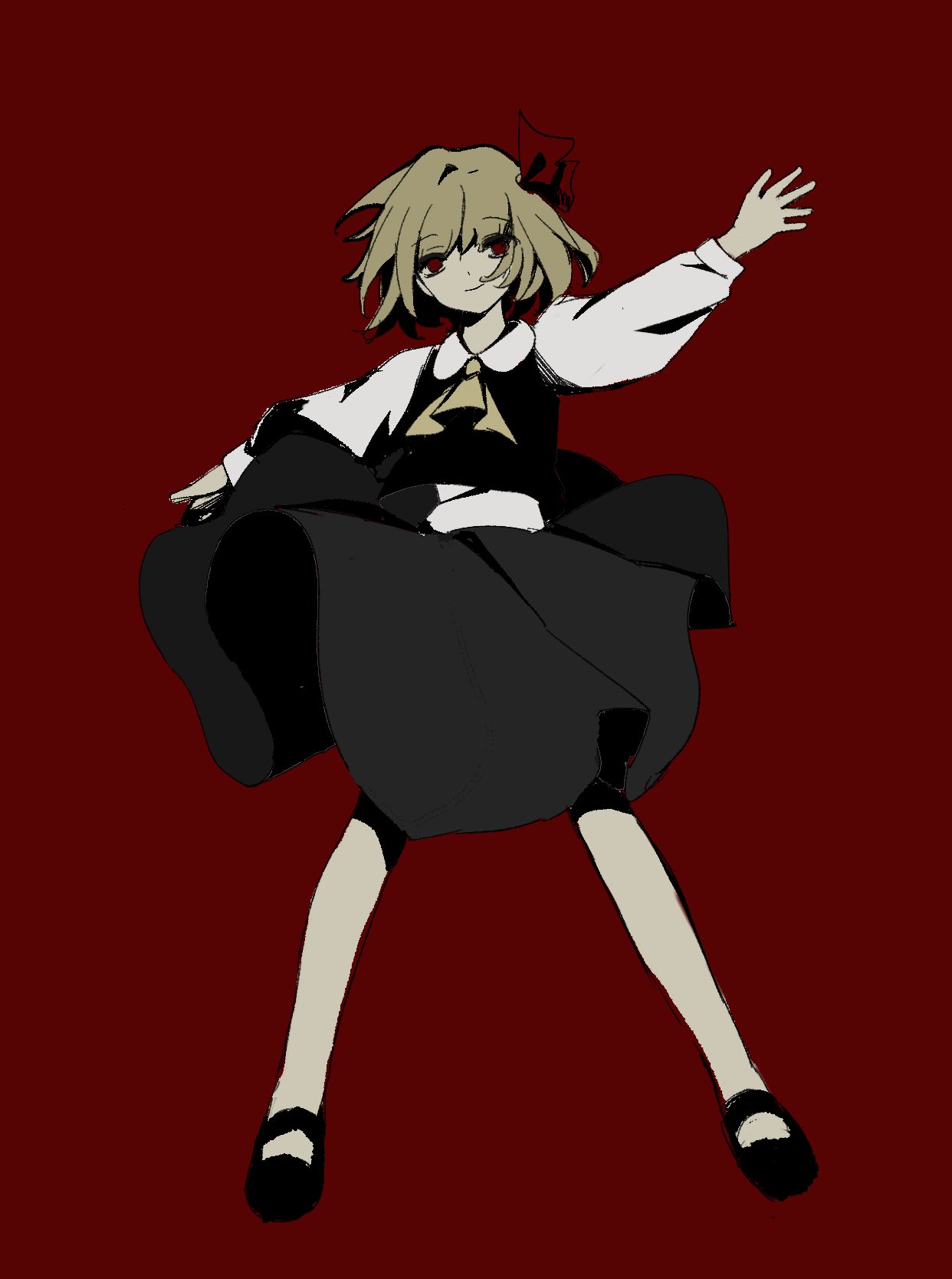rumia, touhou, hashtag-only commentary, highres, 1girl, ascot, black shoes, black skirt, black vest, blonde hair, bow, closed mouth, full body, hair bow, looking at viewer, outstretched arms, red background, red bow, red eyes, shoes, short hair, simple background, sixsec6ndzlater, skirt, smile, solo, spread arms, vest, yellow ascot