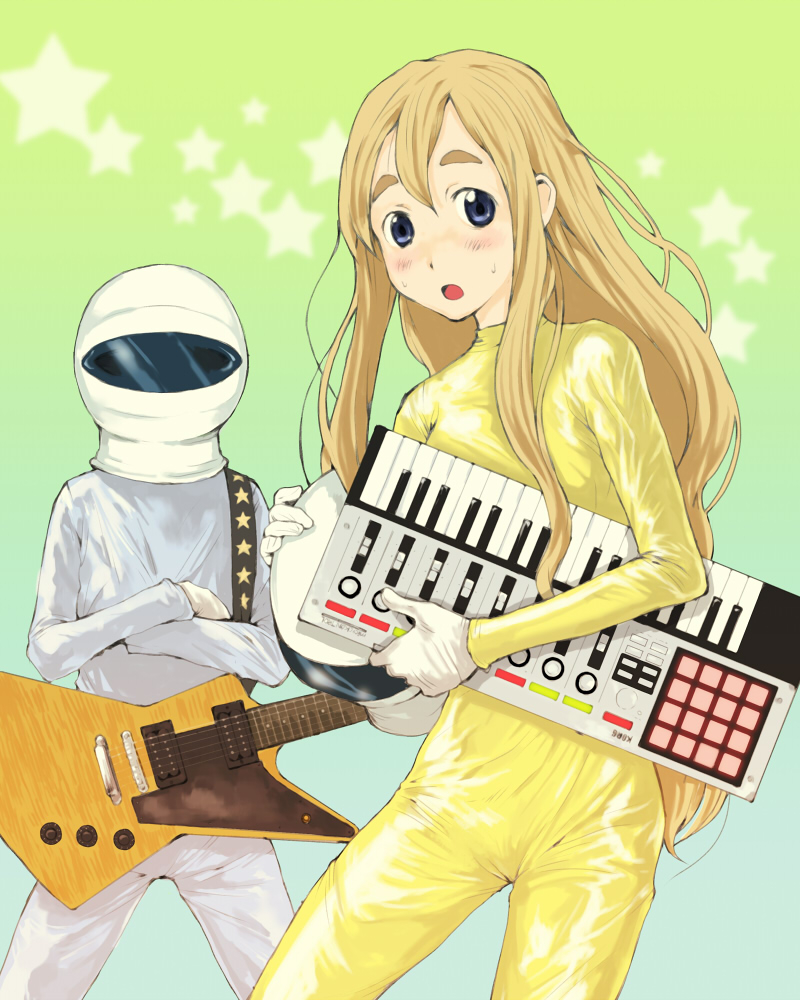 tamaoki benkyou, hirasawa yui, kotobuki tsumugi, k-on!, korg, bad id, bad pixiv id, 00s, 2girls, :o, blonde hair, blue eyes, blush, bodysuit, cameltoe, electric guitar, gibson explorer, guitar, helm, helmet, instrument, keyboard, keyboard (instrument), long hair, multiple girls, piano, spacesuit, star (symbol), synthesizer