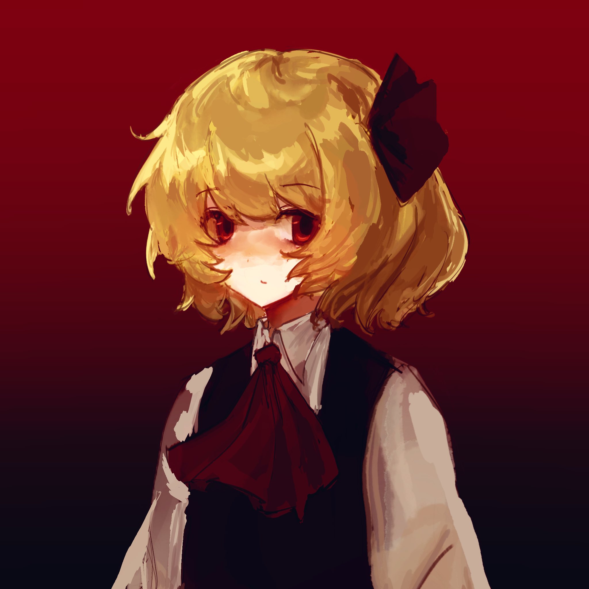 rumia, touhou, hashtag-only commentary, highres, 1girl, ascot, black vest, blonde hair, blush, bow, closed mouth, expressionless, hair bow, long sleeves, looking at viewer, red ascot, red background, red bow, red eyes, shirt, short hair, sixsec6ndzlater, solo, upper body, vest, white shirt