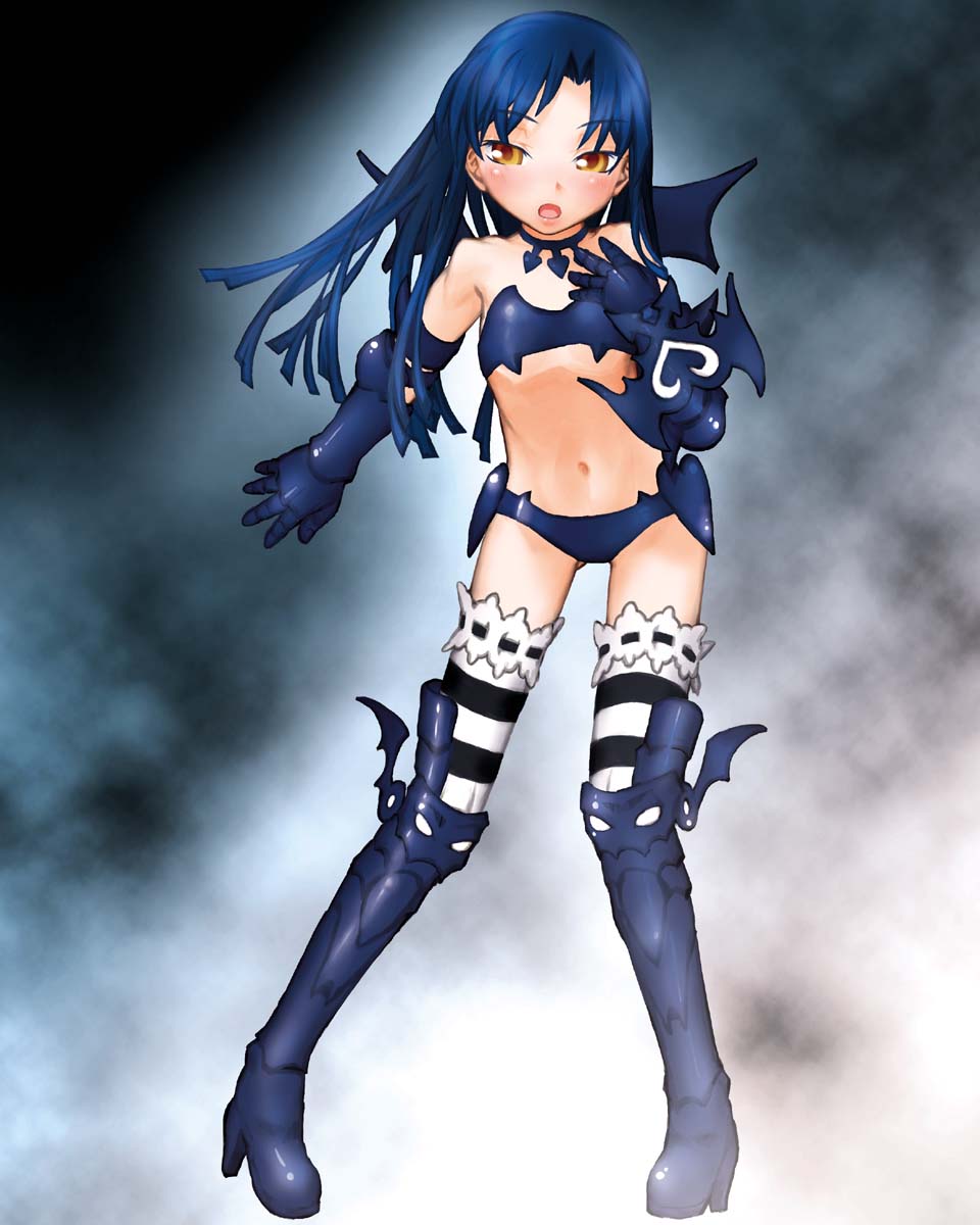 kakashichi, kisaragi chihaya, idolmaster, idolmaster (classic), idolmaster 1, highres, 1girl, bat wings, blue hair, boots, brown eyes, cosplay, female focus, flat chest, frilled thighhighs, frills, full body, gloves, gothic lolita, lolita fashion, long hair, navel, nightmare blood, panties, solo, striped clothes, striped thighhighs, thighhighs, underwear, wings