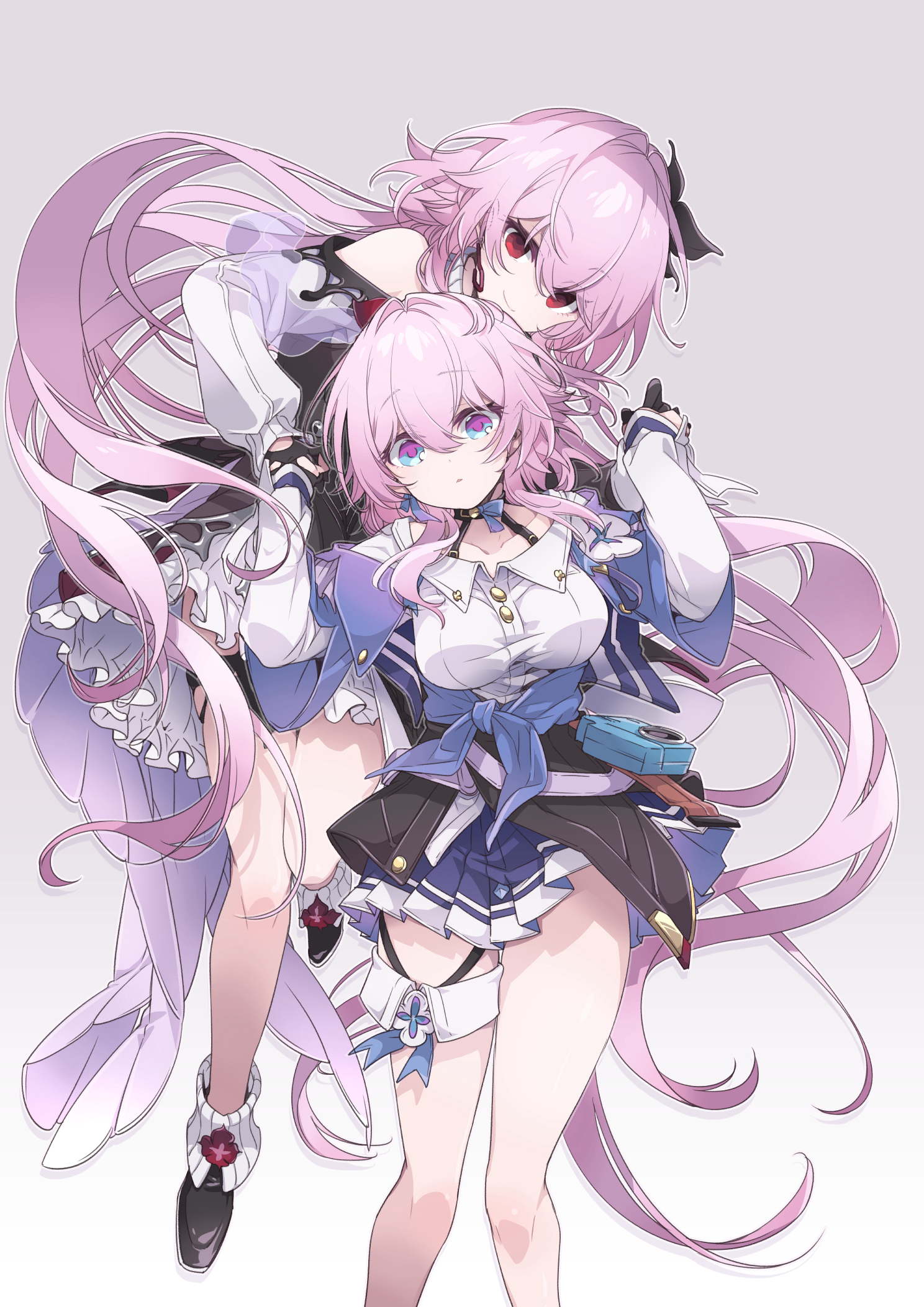 evernight (honkai: star rail), march 7th (honkai: star rail), march 7th (preservation) (honkai: star rail), honkai: star rail, honkai (series), commentary request, highres, 2girls, black choker, black overskirt, black shoes, blue eyes, blue skirt, bn790ta, breasts, camera, choker, floral print, flower, frills, hair between eyes, hair flower, hair ornament, holding hands, jacket, long hair, long sleeves, medium hair, multicolored eyes, multicolored jacket, multiple girls, off-shoulder jacket, off shoulder, official alternate eye color, pink eyes, pink hair, red eyes, red flower, shirt, shoes, single bare shoulder, skirt, thigh strap, thighs, two-tone eyes, two-tone jacket, very long hair, white shirt
