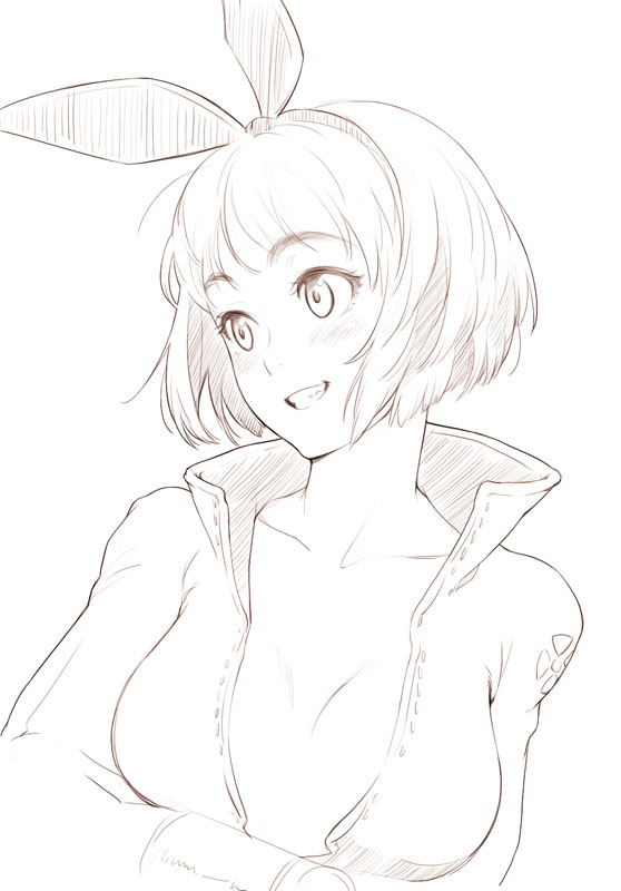 kamo (gafas), fantasy earth zero, bad id, bad pixiv id, 1girl, blush, breasts, cleavage, collarbone, female focus, greyscale, grin, hair ribbon, monochrome, ribbon, short hair, smile, solo, unzipped