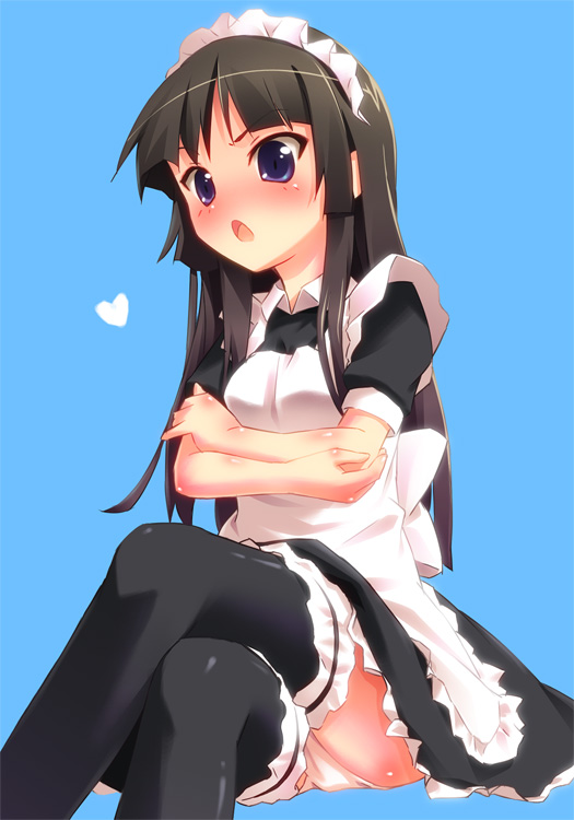 pu-en, akiyama mio, k-on!, 00s, 1girl, alternate costume, black hair, blue eyes, blush, crossed arms, crossed legs, enmaided, female focus, frilled thighhighs, frills, heart, lingerie, long hair, maid, maid headdress, panties, pantyshot, petticoat, sitting, solo, thighhighs, underwear