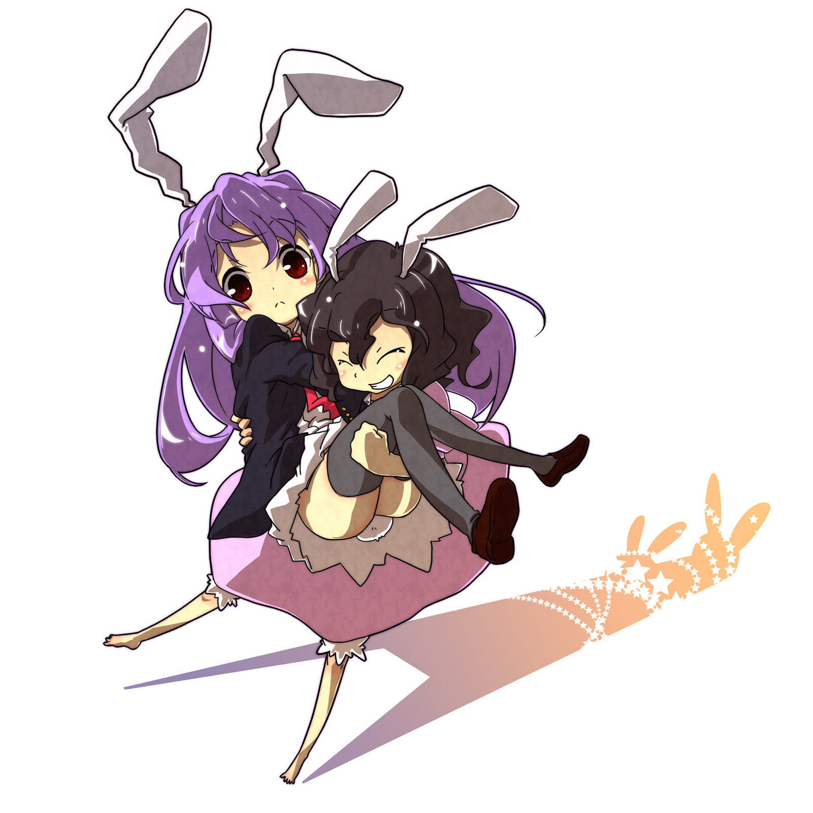 kokoroke, kokoroke (556k), inaba tewi, reisen udongein inaba, touhou, bad id, bad pixiv id, highres, 2girls, :<, animal ears, barefoot, blush, brown hair, carrying, dress, female focus, grin, happy, long hair, multiple girls, princess carry, purple hair, rabbit ears, red eyes, short hair, smile, thighhighs