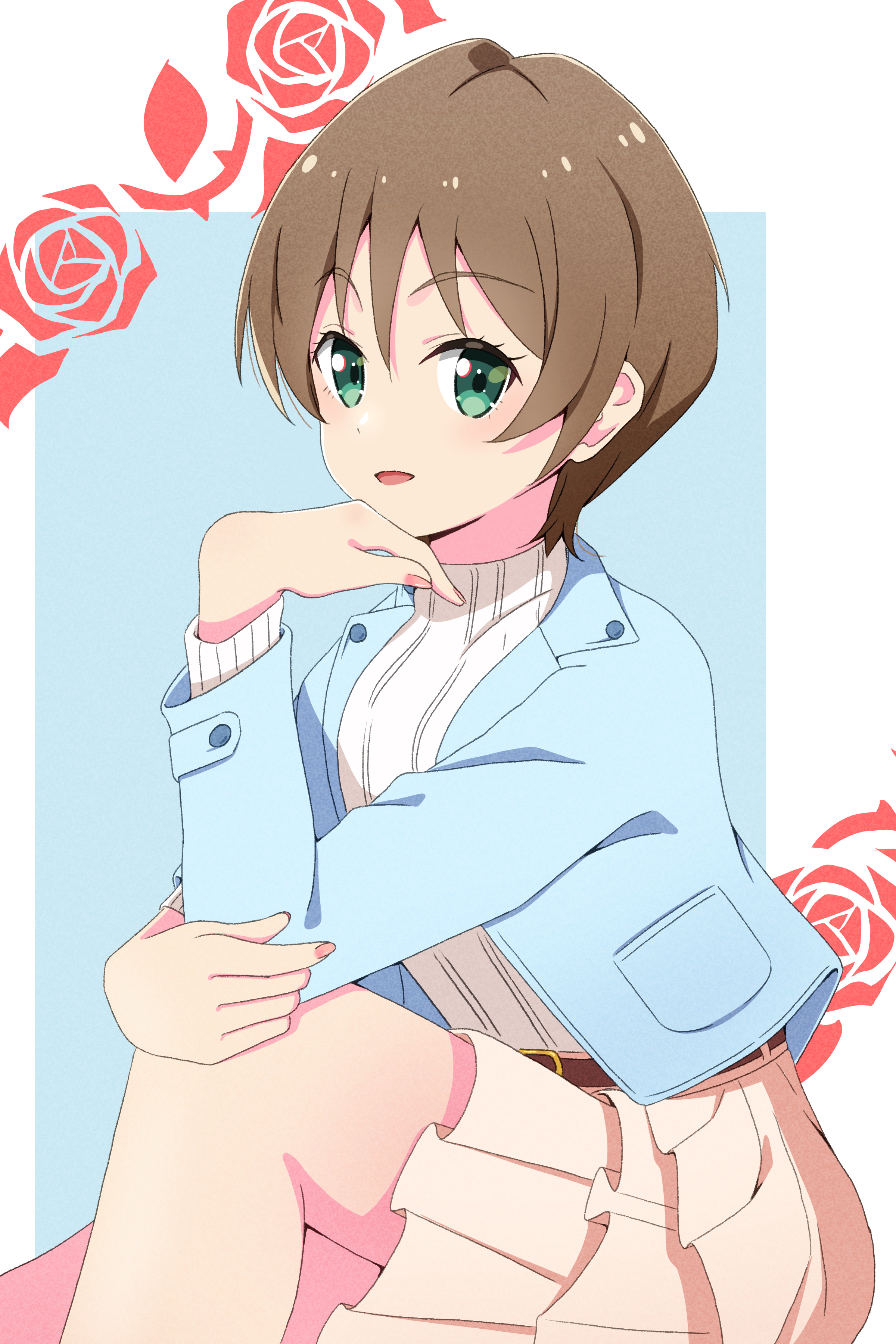 litecolors radi, harumiya yukuri, ikizulive! love live! bluebird, love live!, absurdres, commentary, highres, 1girl, blue background, blue jacket, border, brown hair, floral background, frilled skirt, frills, green eyes, jacket, layered skirt, long sleeves, looking at viewer, miniskirt, open clothes, open jacket, outside border, ribbed sweater, short hair, sitting, skirt, solo, sweater, turtleneck, turtleneck sweater, white border, white sweater