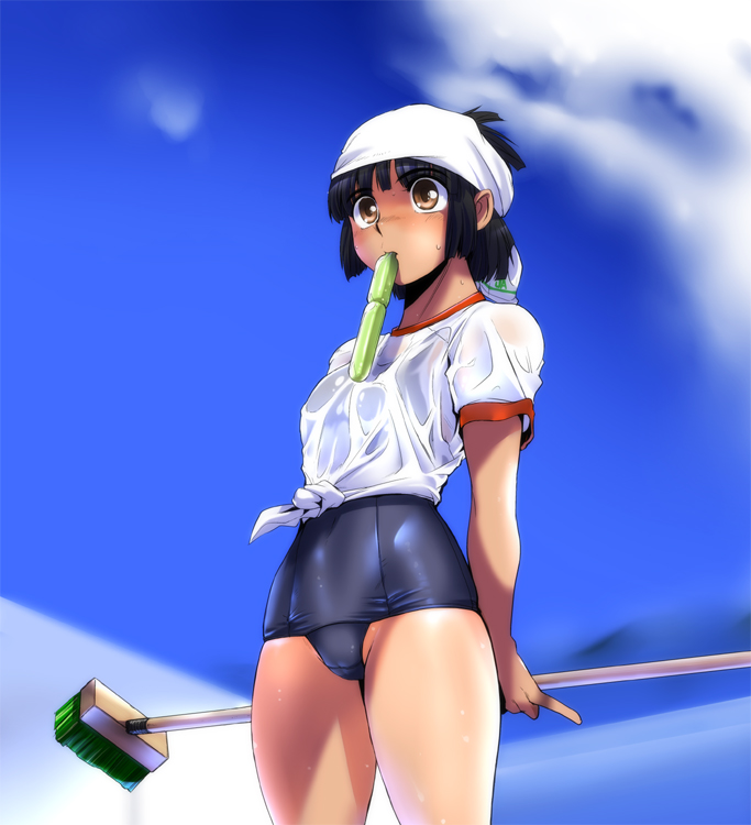ez6, original, 1girl, bandana, black hair, blush, broom, brown eyes, female focus, gym uniform, mouth hold, no pants, one-piece swimsuit, school swimsuit, shirt, short hair, solo, swimsuit, swimsuit under clothes, tied shirt, tupet, wet, wet clothes, wet shirt