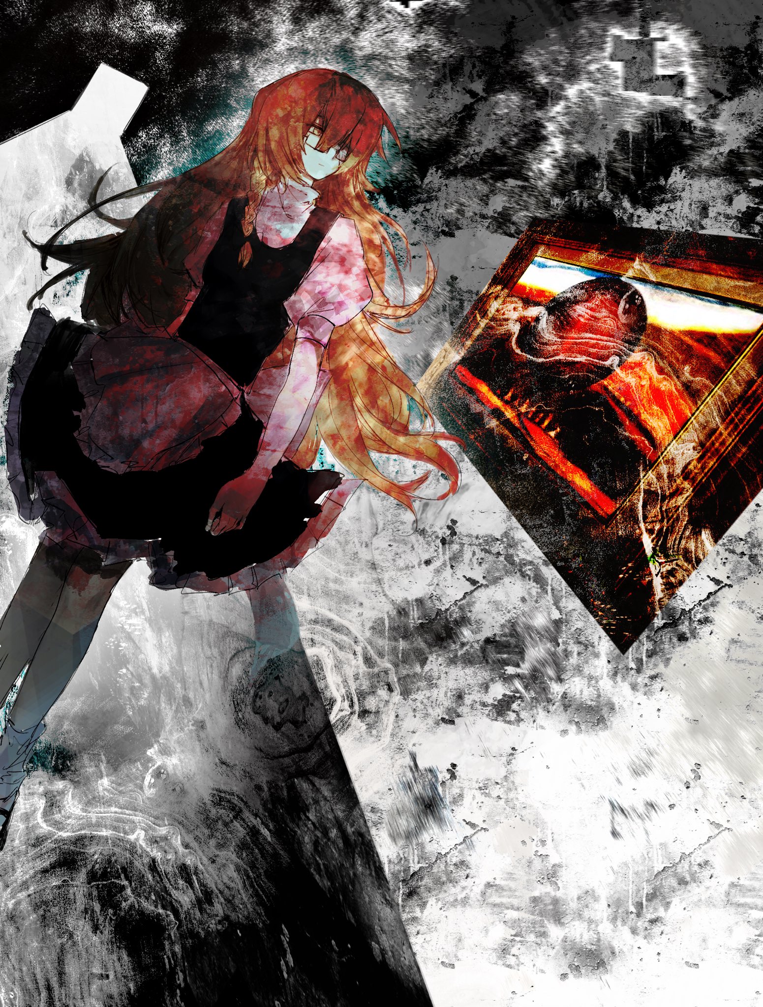 kirisame marisa, uzuki (cookie), cookie (touhou), touhou, highres, 1girl, abstract background, apron, black skirt, black vest, blonde hair, braid, brown-framed eyewear, closed mouth, doorway, dutch angle, expressionless, frilled skirt, frills, full body, glasses, grey background, long hair, looking to the side, painting (object), path, puffy short sleeves, puffy sleeves, road, shirt, short sleeves, side braid, single braid, sixsec6ndzlater, skirt, skirt set, socks, solo, standing, vest, waist apron, white apron, white shirt, white socks, yellow eyes