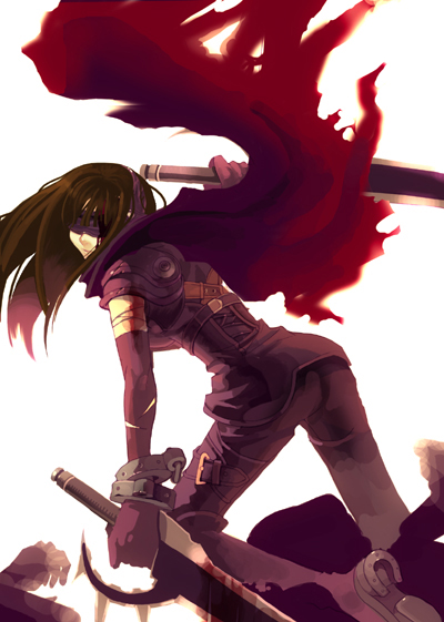 milktea (aoiexk), newtype, archived source, commentary, copyright request, english commentary, 1girl, armor, bandaged arm, bandages, belt, black belt, black boots, black gloves, black hair, black pants, black shirt, blindfold, boots, breasts, brown belt, buckle, cape, character name, closed mouth, cuffs, dual wielding, elbow gloves, from behind, gloves, gold buttons, holding, knee boots, leg belt, long hair, medium breasts, pants, pauldrons, red cape, shackles, shirt, shoulder armor, simple background, single pauldron, solo focus, straight hair, torn cape, torn clothes, torn gloves