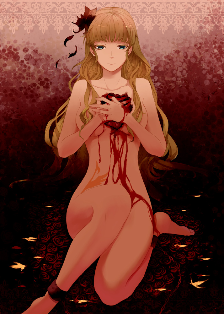 hanokage, beatrice (umineko), umineko no naku koro ni, 00s, 1girl, blonde hair, blood, chain, deep wound, female focus, flower, heart, heart (organ), injury, long hair, nude, rose, solo