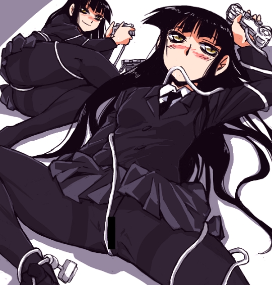 kamisimo 90, female protagonist (houkago play), houkago play, 1girl, ass, black hair, black pantyhose, blush, censored, controller, crotch seam, female focus, long hair, no panties, panties, panties under pantyhose, pantyhose, playing games, solo, spread legs, thighband pantyhose, underwear, very long hair, video game, yellow eyes