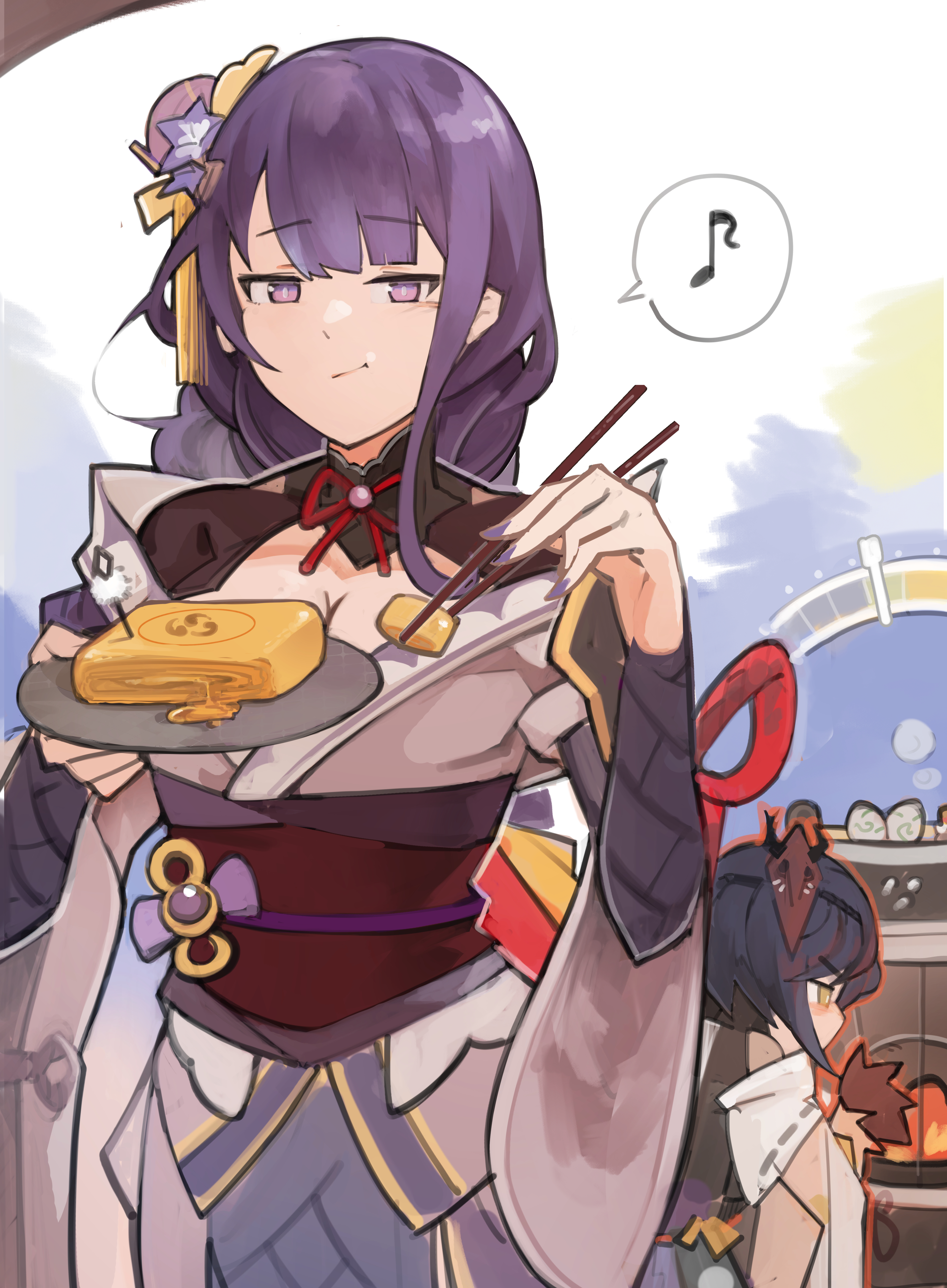 jumbowhopper, kujou sara, raiden shogun, genshin impact, satisfied, absurdres, commentary request, highres, 2girls, black hair, blue pupils, blunt bangs, breasts, bridal gauntlets, chewing, chibi, chopsticks, cleavage, closed mouth, clothing cutout, cooking, detached sleeves, eating, egg, fan hair ornament, fire, flower, flower ornament, flying sweatdrops, food, friends, from side, gradient hair, hand up, happy, holding, holding chopsticks, holding plate, indoors, japanese clothes, kimono, kneeling, large breasts, light blush, long hair, looking at food, mask, mask on head, multicolored eyes, multicolored hair, multiple girls, musical note, neck ribbon, no mole, off shoulder, omelet, omurice, plate, purple flower, purple hair, purple kimono, red ribbon, red sash, ribbon, sash, shade, short hair, short sleeves, shoulder cutout, sleeveless, spoken musical note, standing, swept bangs, upper body, yellow eyes, yuri