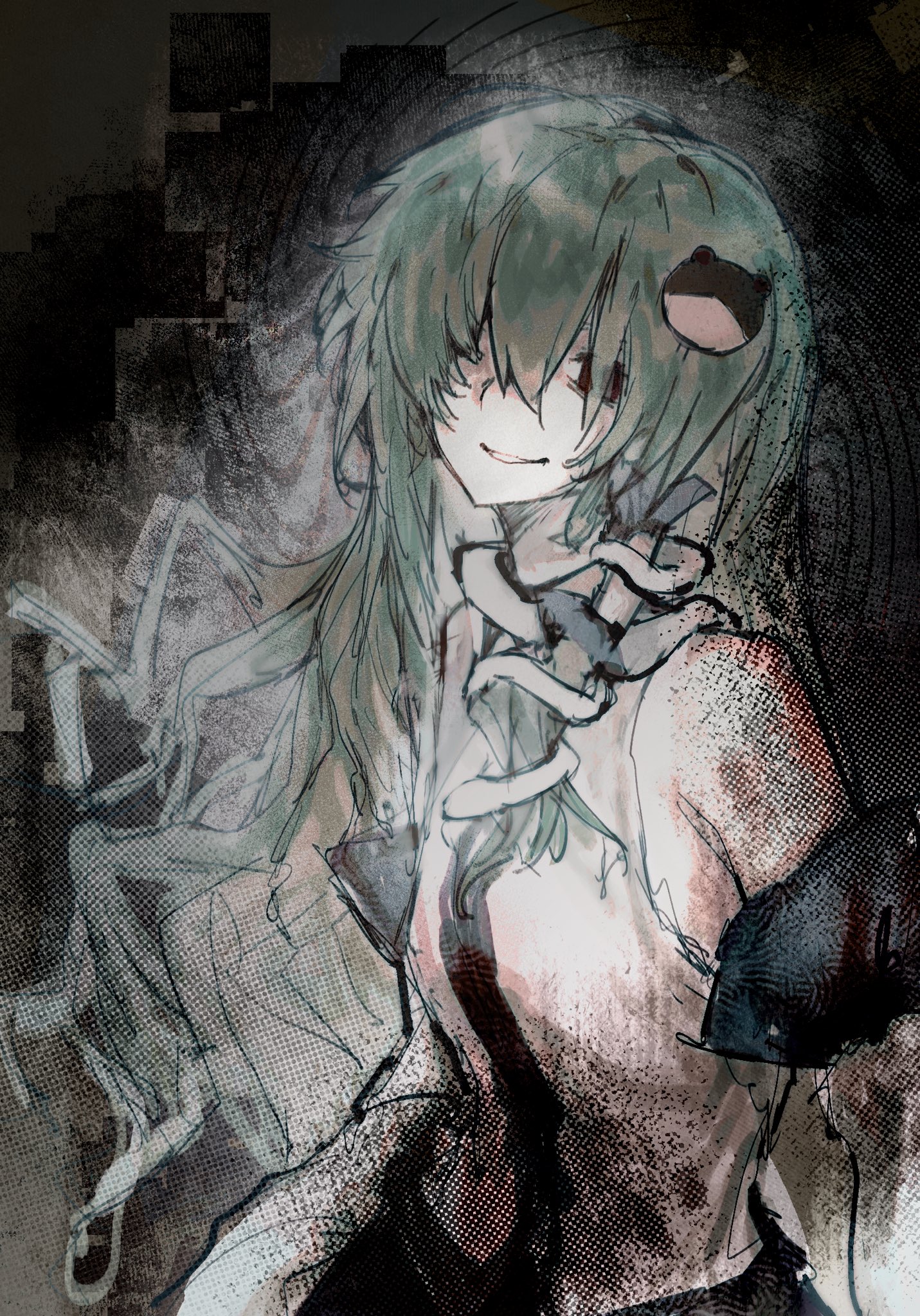 kochiya sanae, touhou, hashtag-only commentary, highres, 1girl, detached sleeves, frog hair ornament, green hair, grey background, grin, hair ornament, hair over eyes, hair tubes, long hair, looking at viewer, red eyes, shirt, single hair tube, sixsec6ndzlater, sleeveless, sleeveless shirt, smile, snake hair ornament, solo, upper body, white shirt, white sleeves