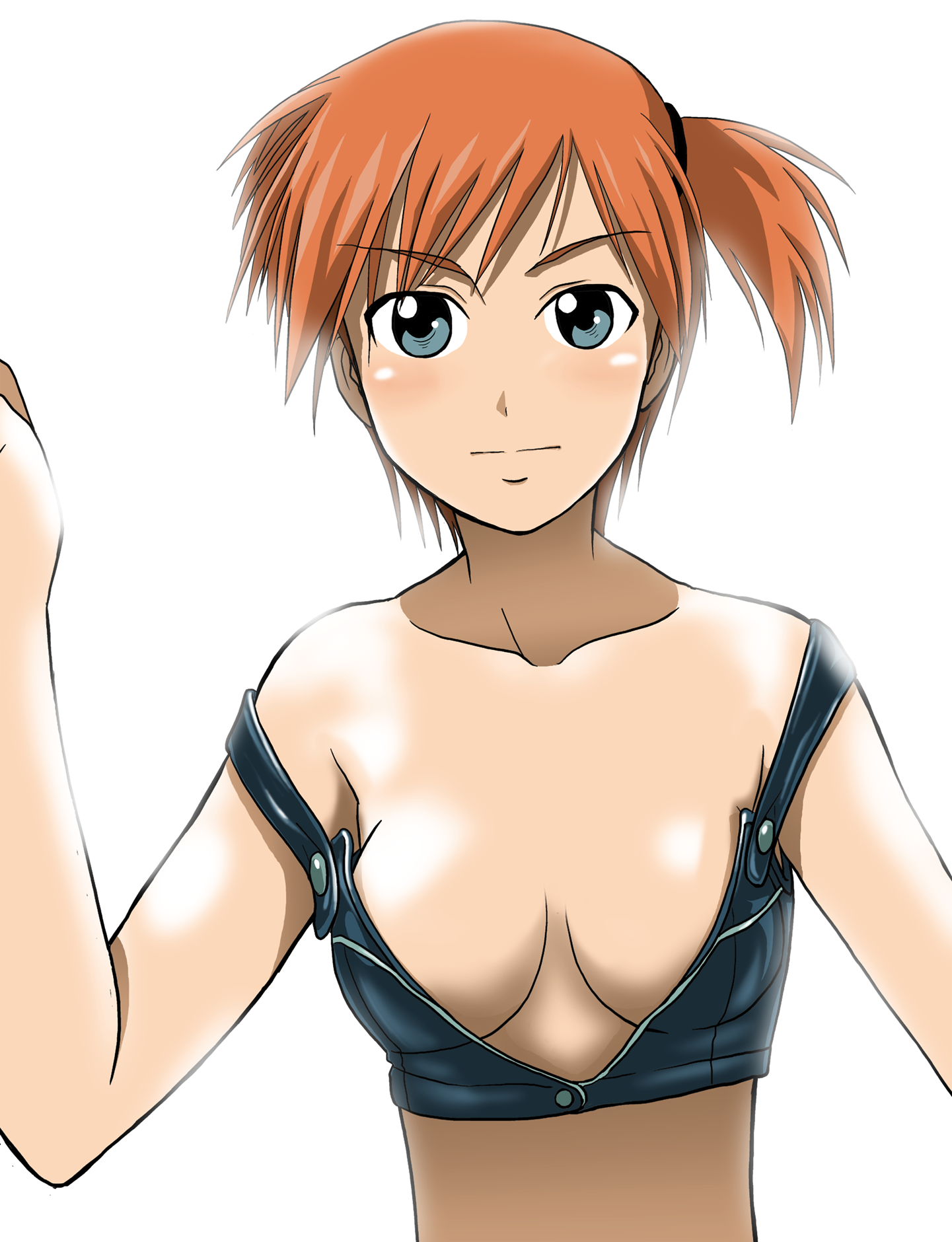 takaya n, misty (pokemon), nintendo, pokemon, highres, 1girl, bare shoulders, blue eyes, bra, breasts, cleavage, collarbone, female focus, gym leader, leather, lingerie, no bra, off shoulder, orange hair, short hair, side ponytail, simple background, solo, underwear, upper body, white background