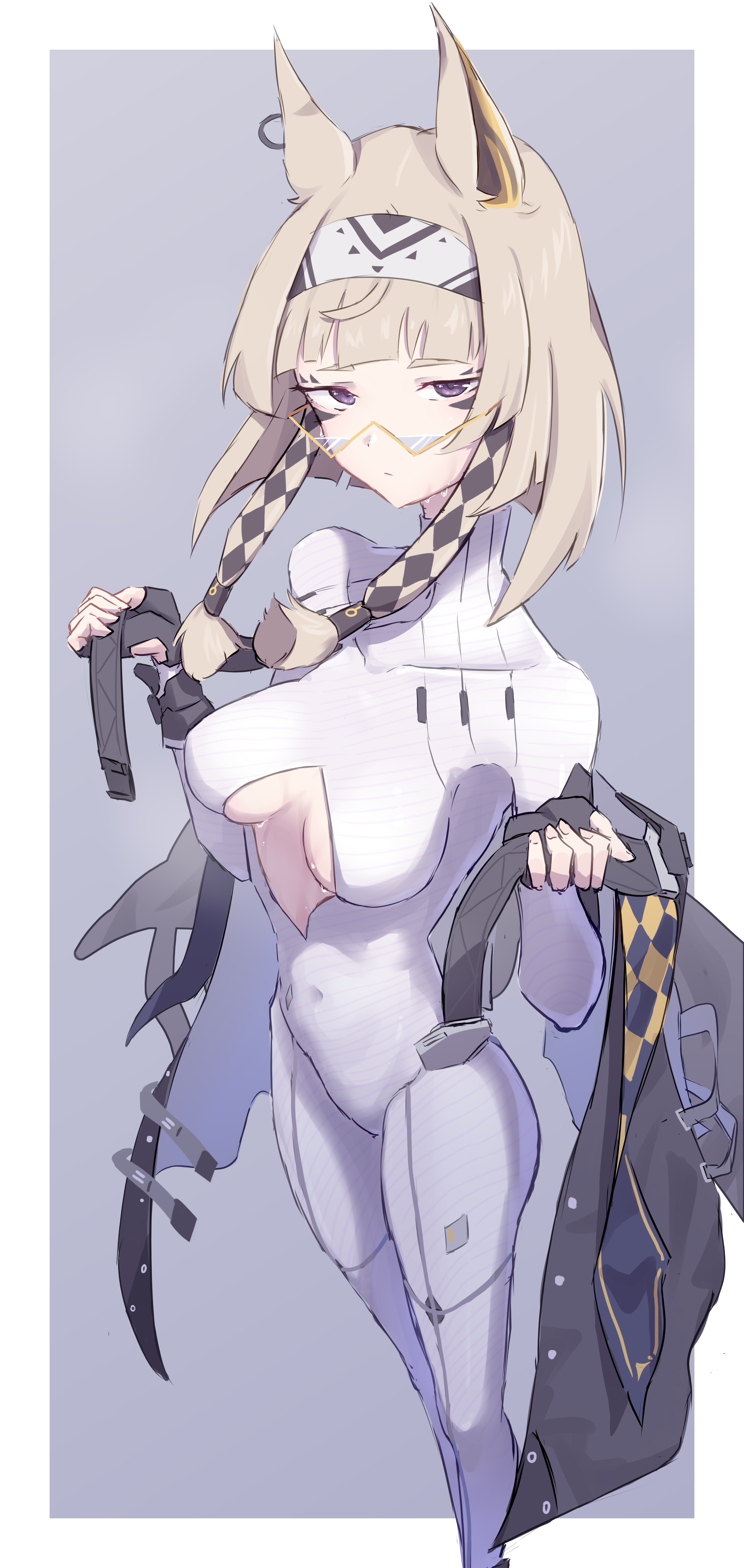 t-hou, anubis (mythology), meredith (strinova), strinova, absurdres, highres, 1girl, animal ears, blunt bangs, bodysuit, breasts, breasts apart, cape, cleavage cutout, clothing cutout, collarbone, cutout above navel, fingerless gloves, glasses, gloves, grey hair, hair tubes, hairband, hands up, looking at viewer, medium breasts, navel, purple eyes, short hair, sidelocks, simple background, solo, standing, triangular eyewear, turtleneck